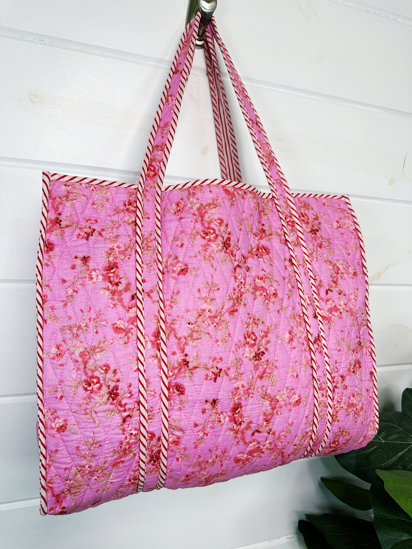 Pink Floral Print Diamond Quilted Cotton Tote Bag