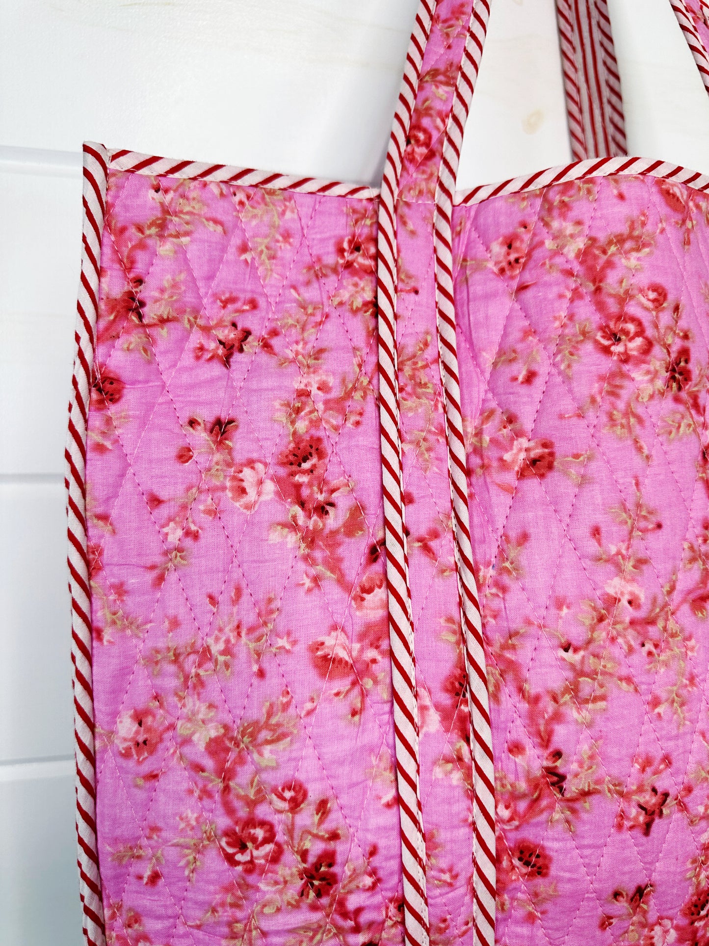 Pink Floral Print Diamond Quilted Cotton Tote Bag