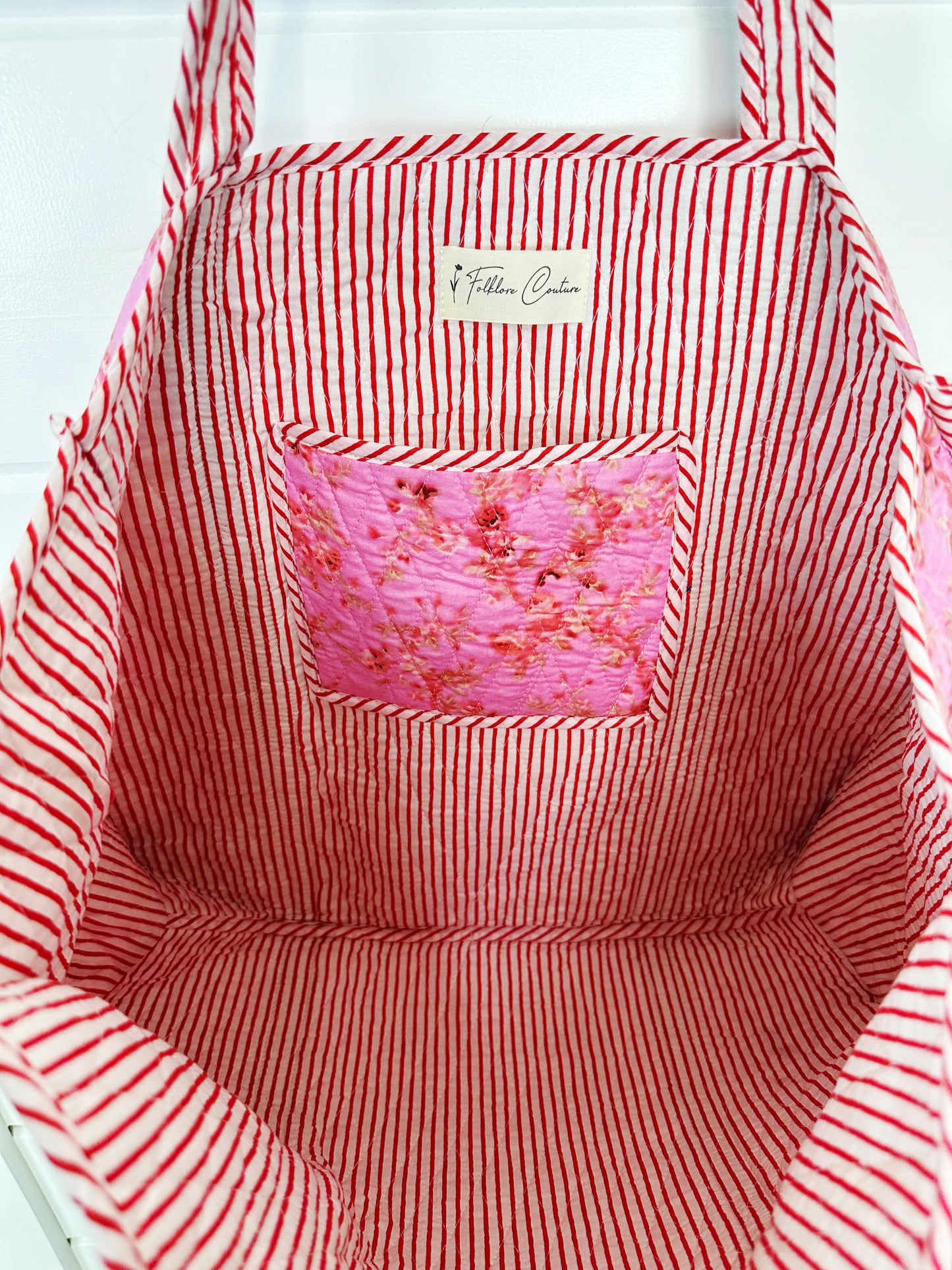 Pink Floral Print Diamond Quilted Cotton Tote Bag