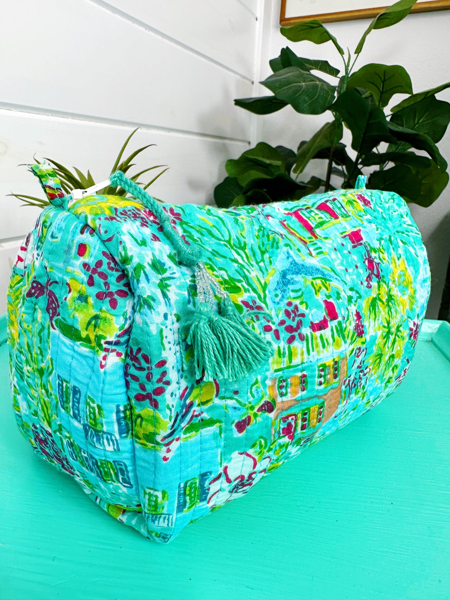 Aqua Tropical Southern Town Print Quilted Makeup Cosmetics Toiletry Bag