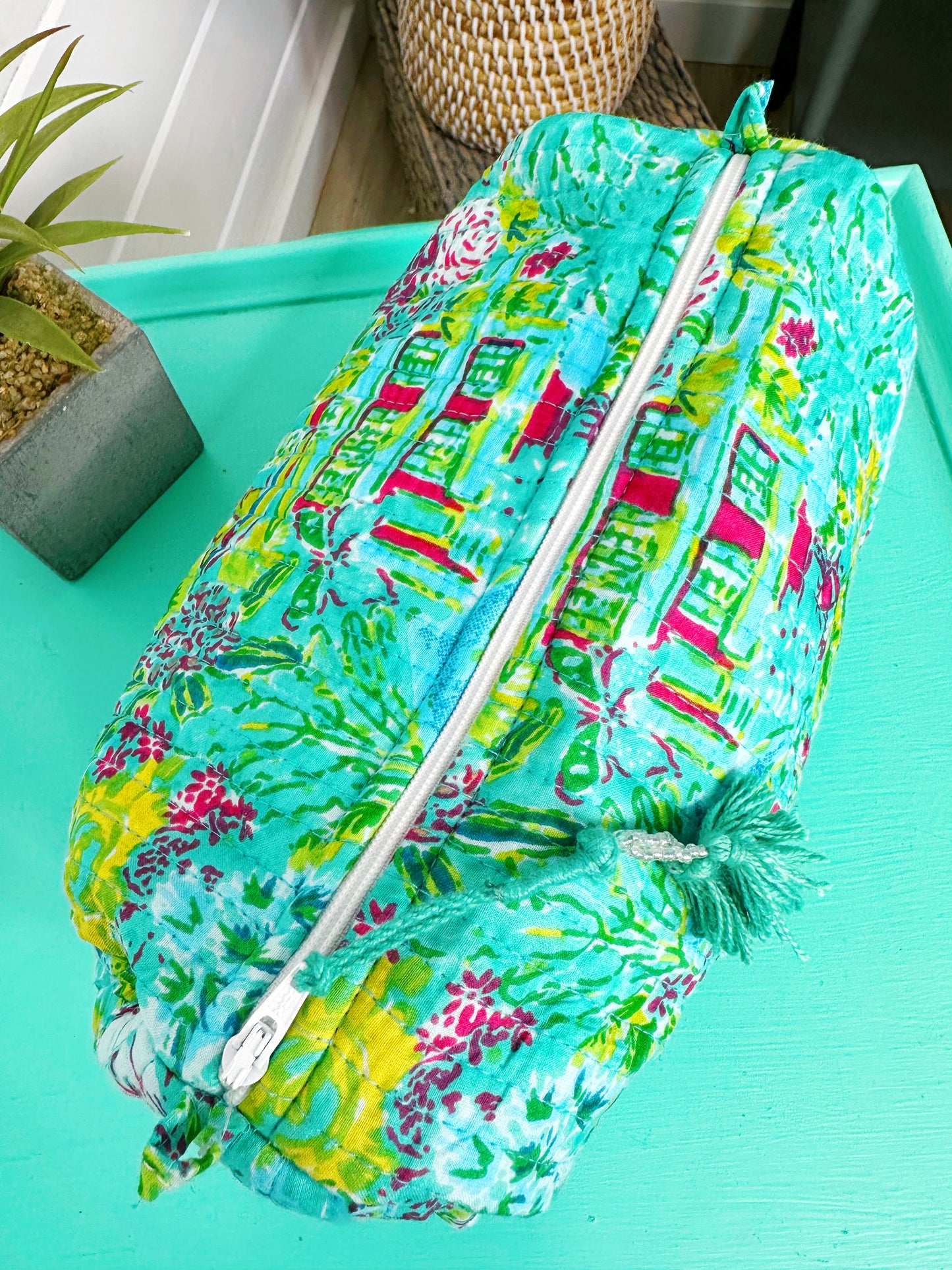 Aqua Tropical Southern Town Print Quilted Makeup Cosmetics Toiletry Bag