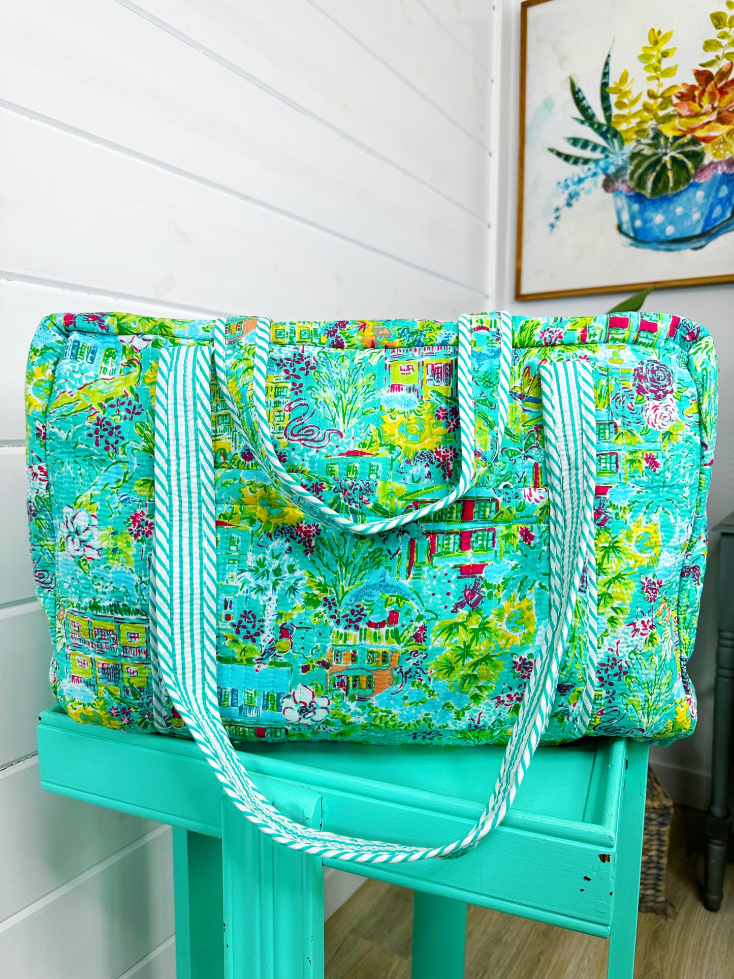 Aqua Tropical Southern Town Print Quilted Weekender Overnight Bag