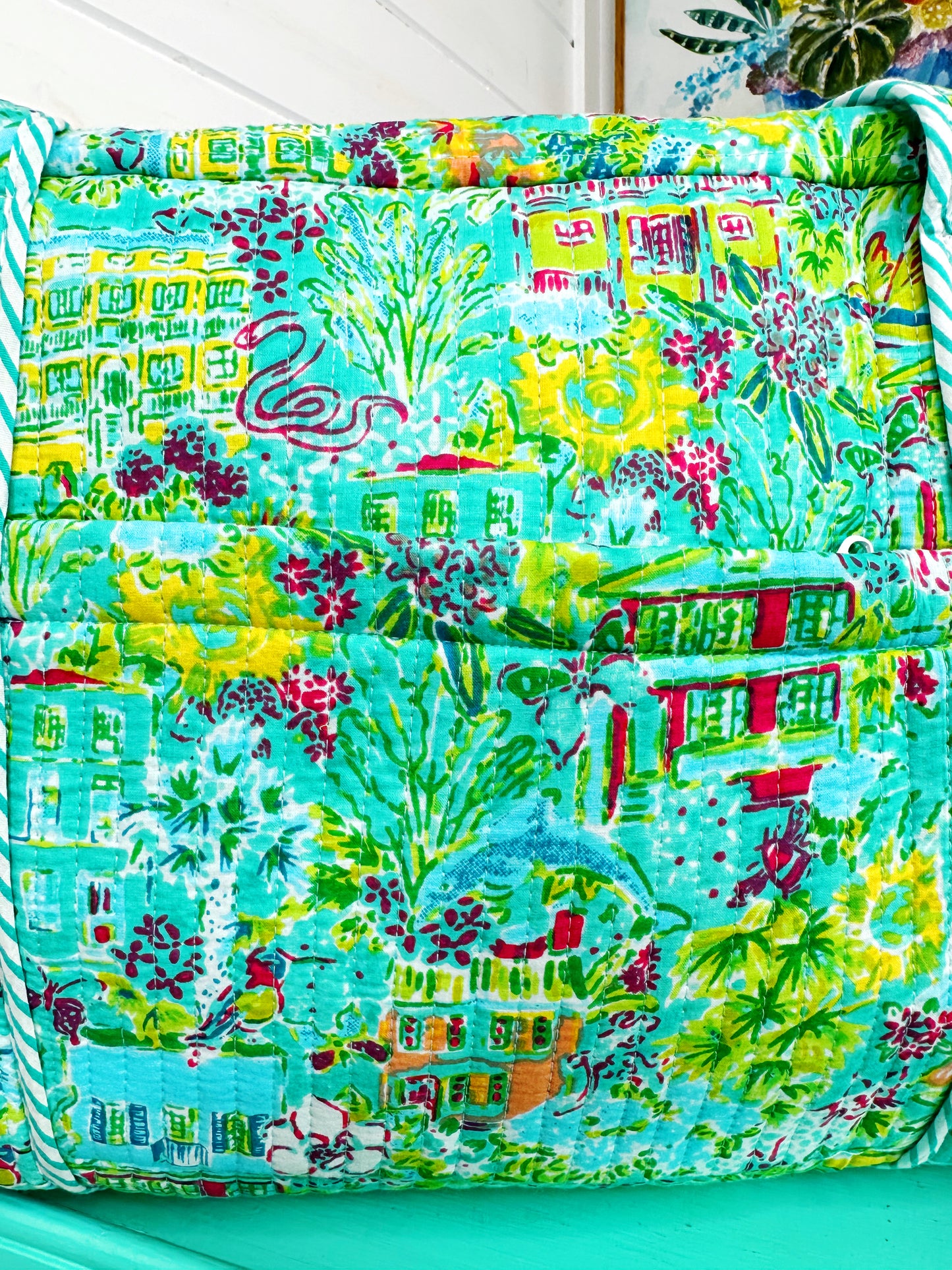 Aqua Tropical Southern Town Print Quilted Weekender Overnight Bag