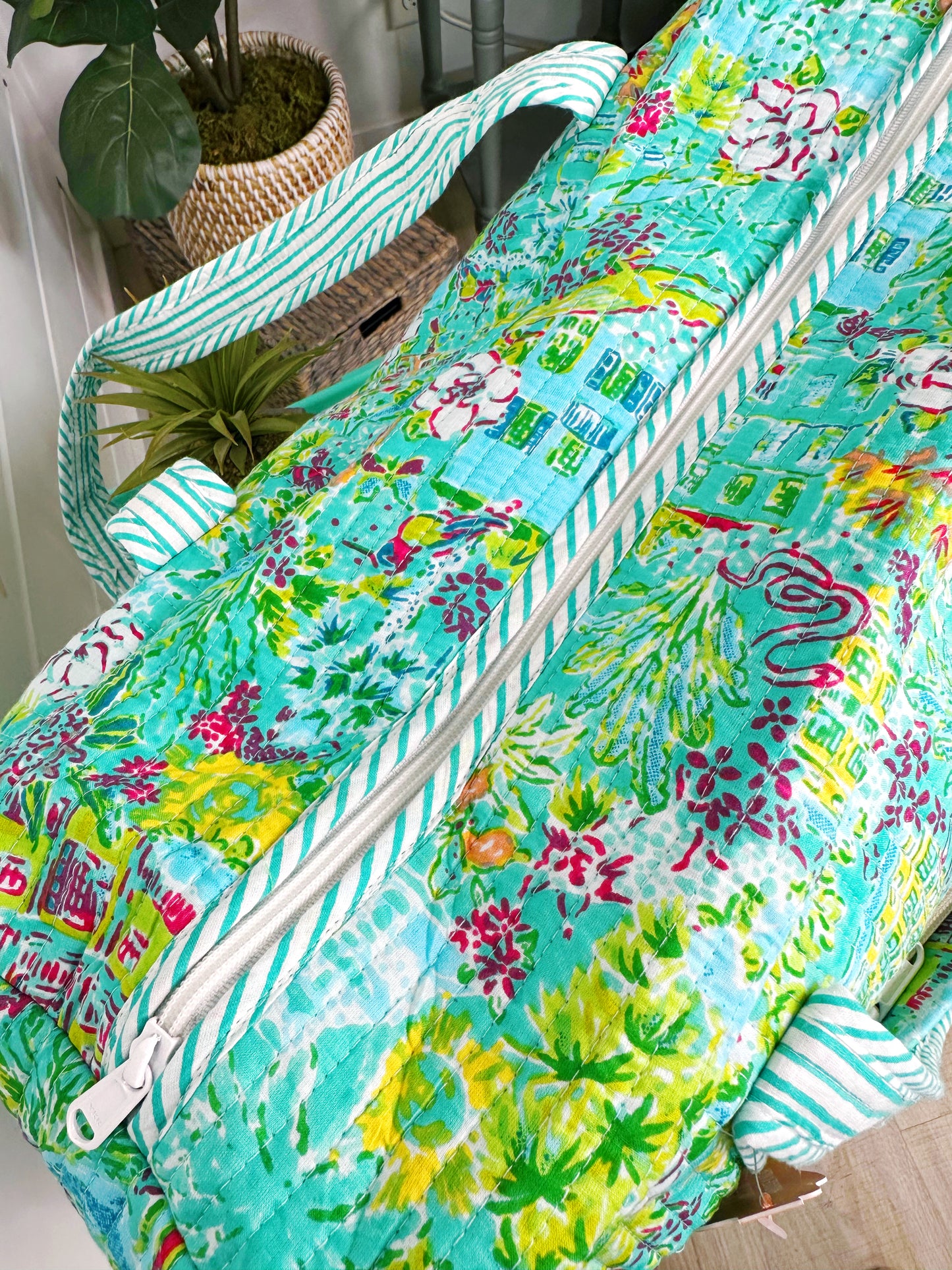 Aqua Tropical Southern Town Print Quilted Weekender Overnight Bag