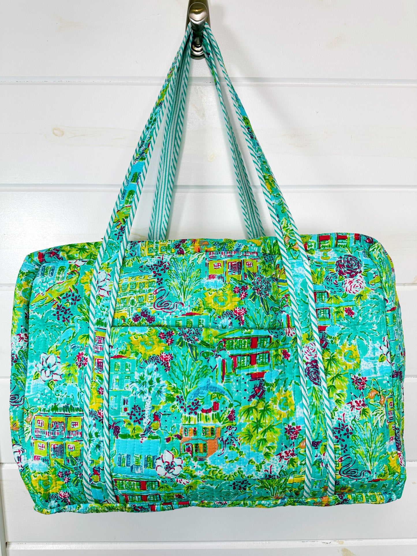 Aqua Tropical Southern Town Print Quilted Weekender Overnight Bag