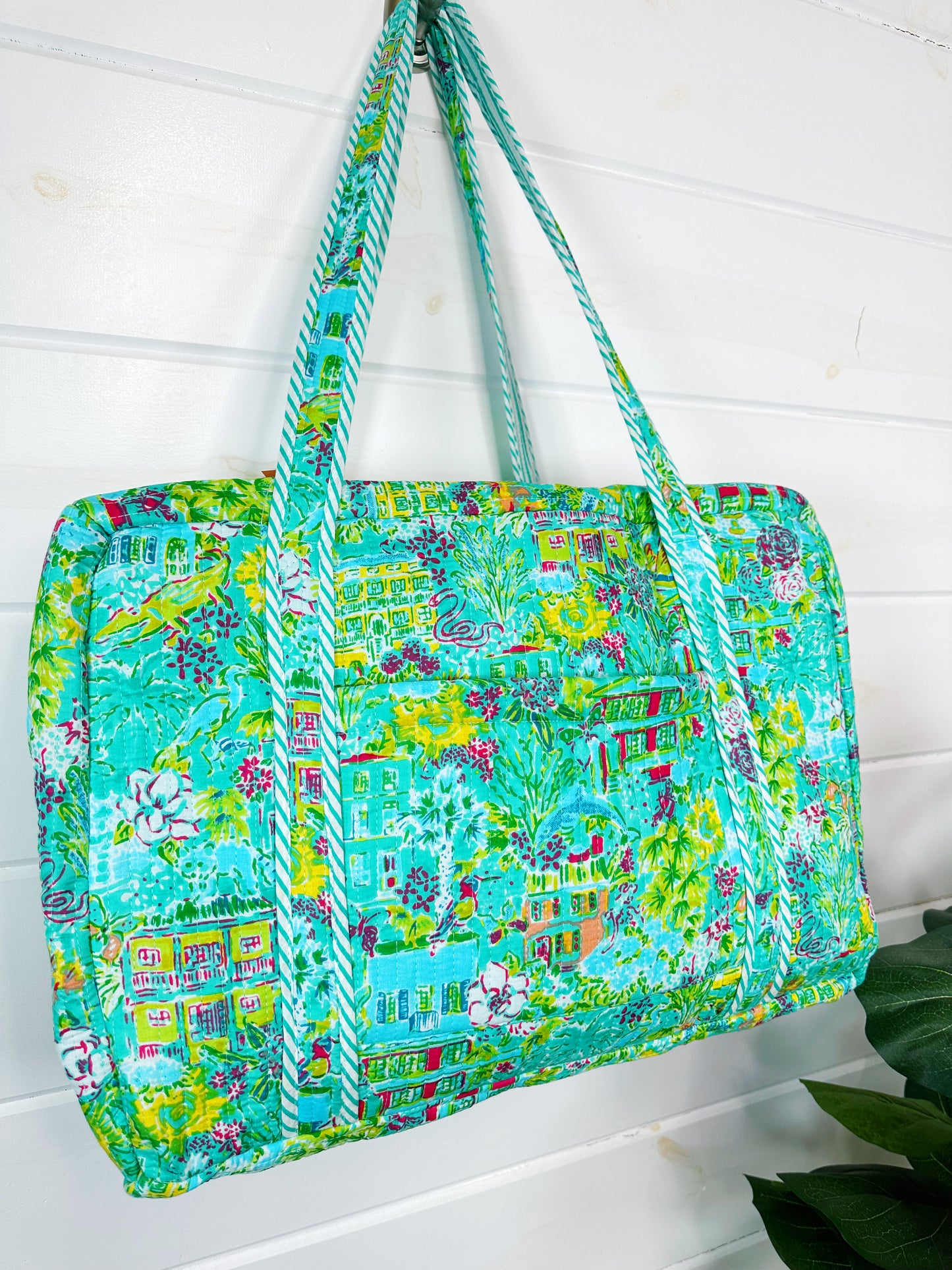 Aqua Tropical Southern Town Print Quilted Weekender Overnight Bag