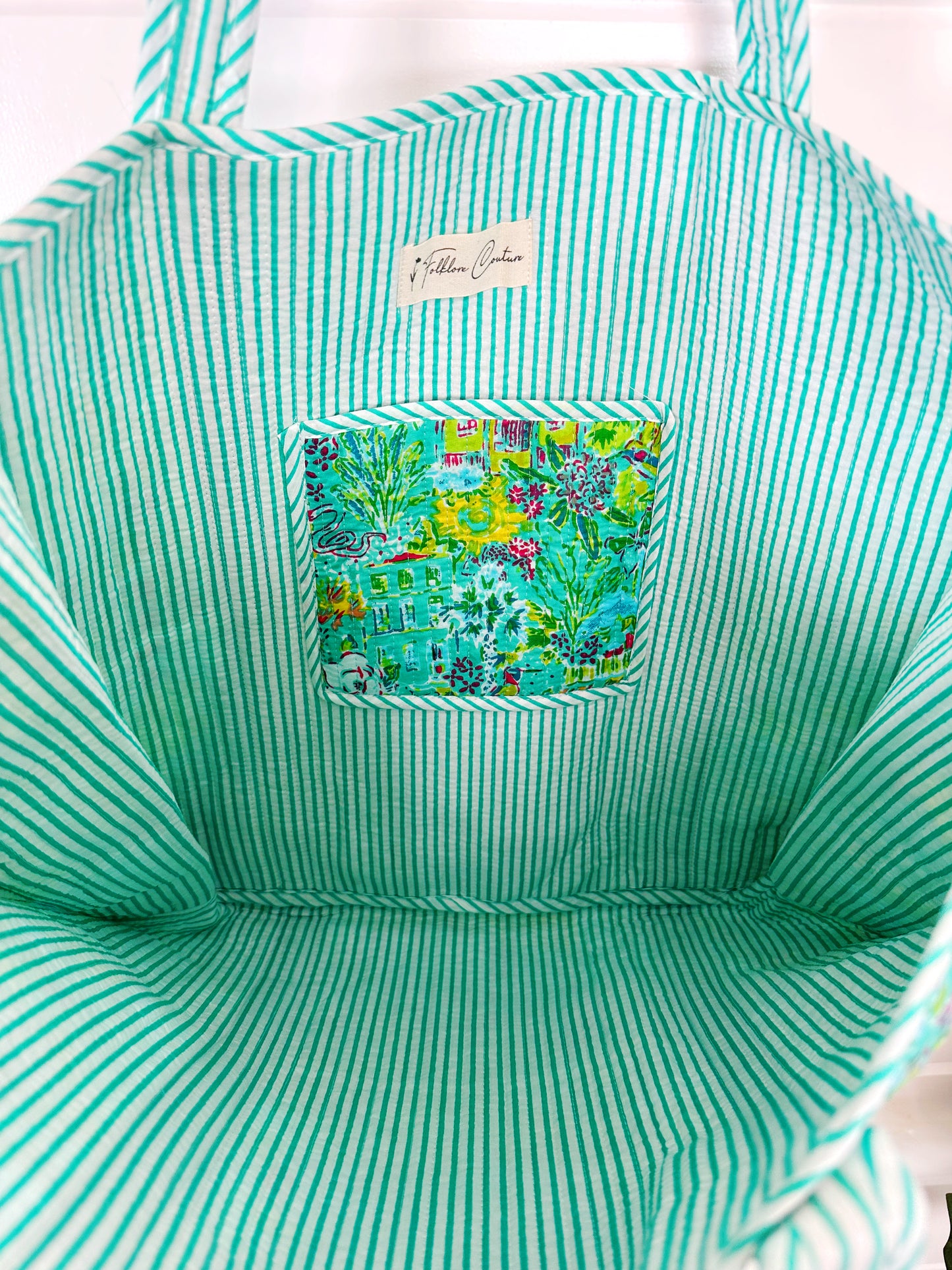 Aqua Tropical Southern Town Print Quilted Cotton Reversible Large Tote Bag