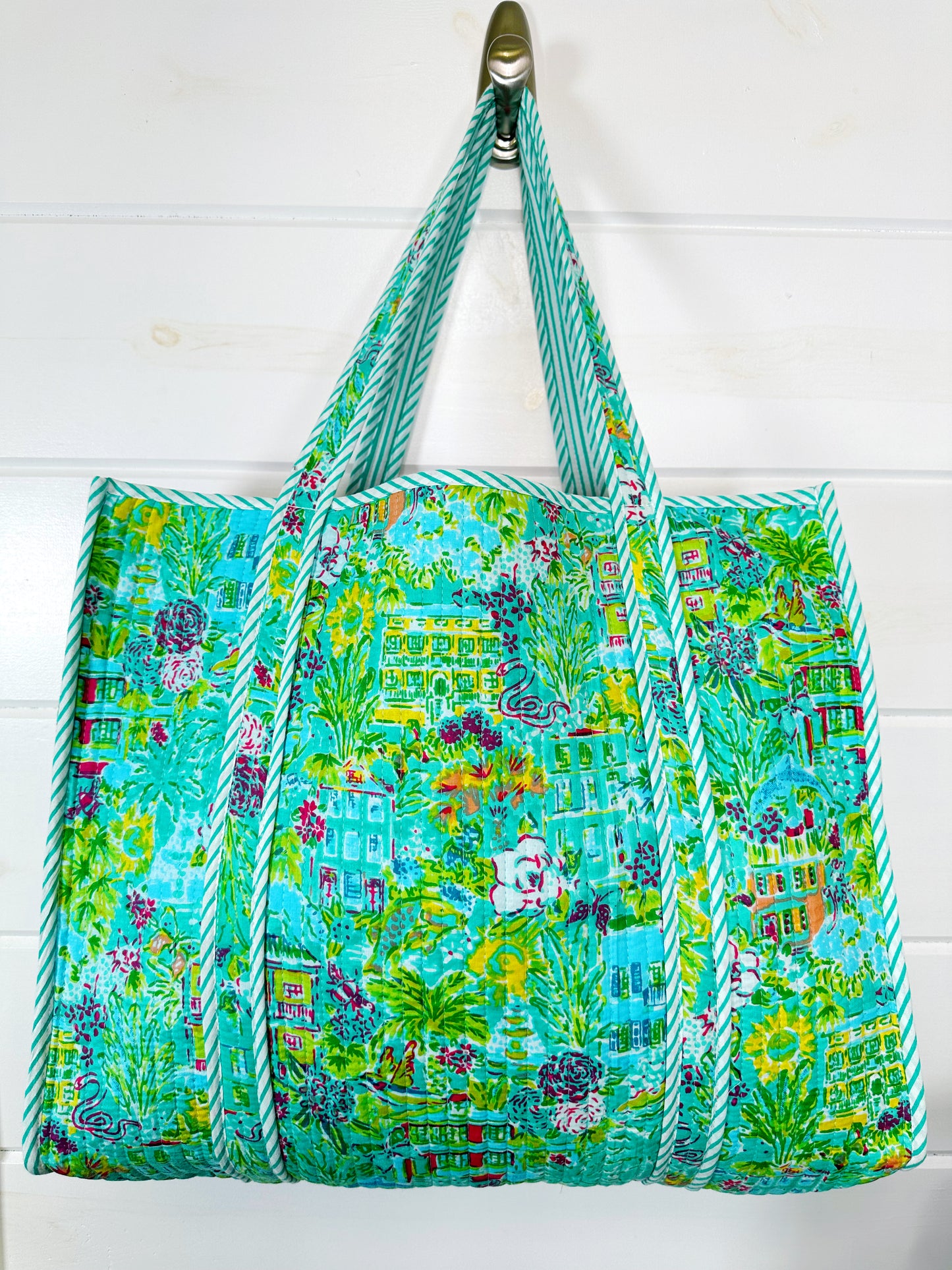 Aqua Tropical Southern Town Print Quilted Cotton Reversible Large Tote Bag
