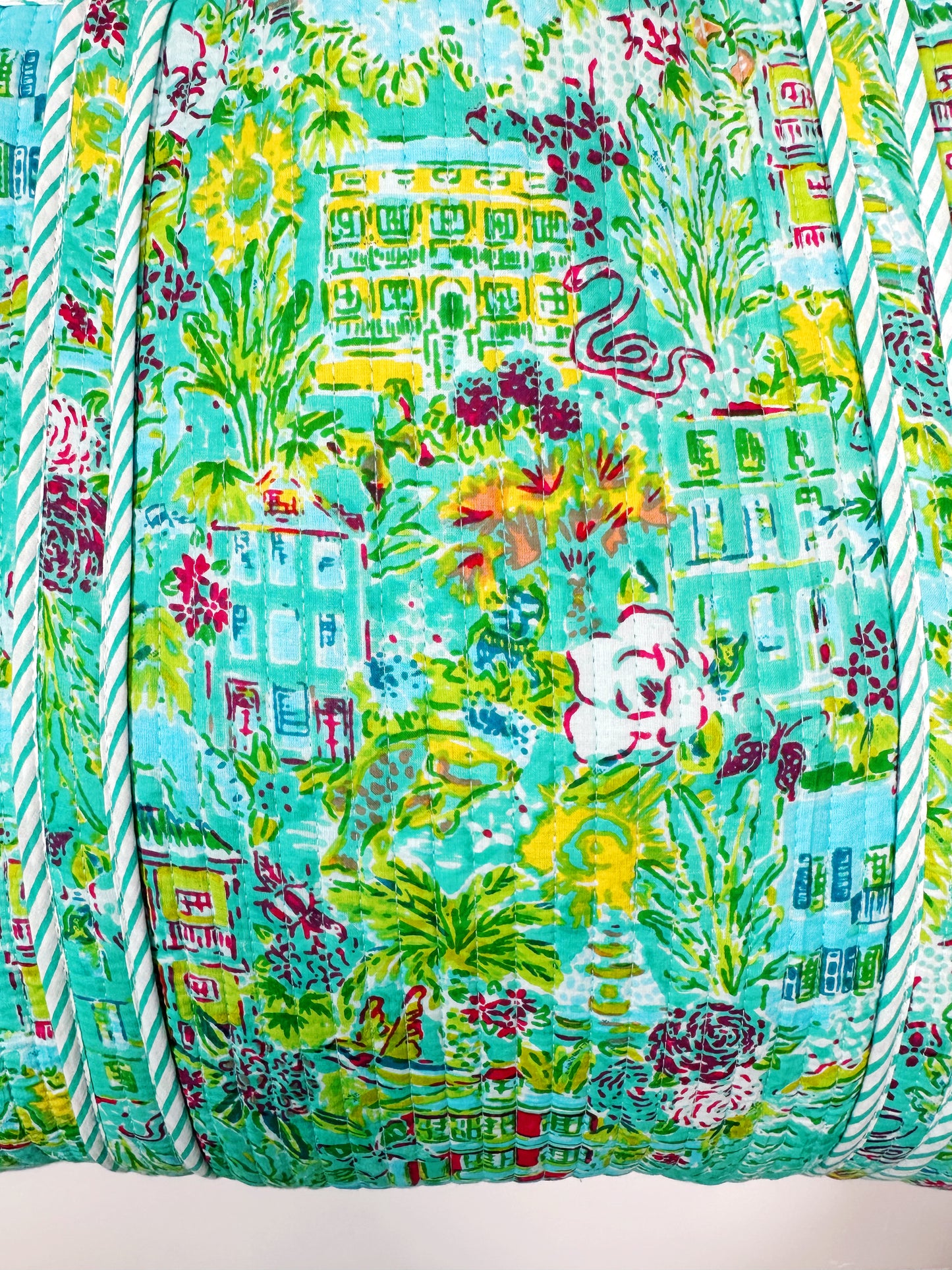 Aqua Tropical Southern Town Print Quilted Cotton Reversible Large Tote Bag