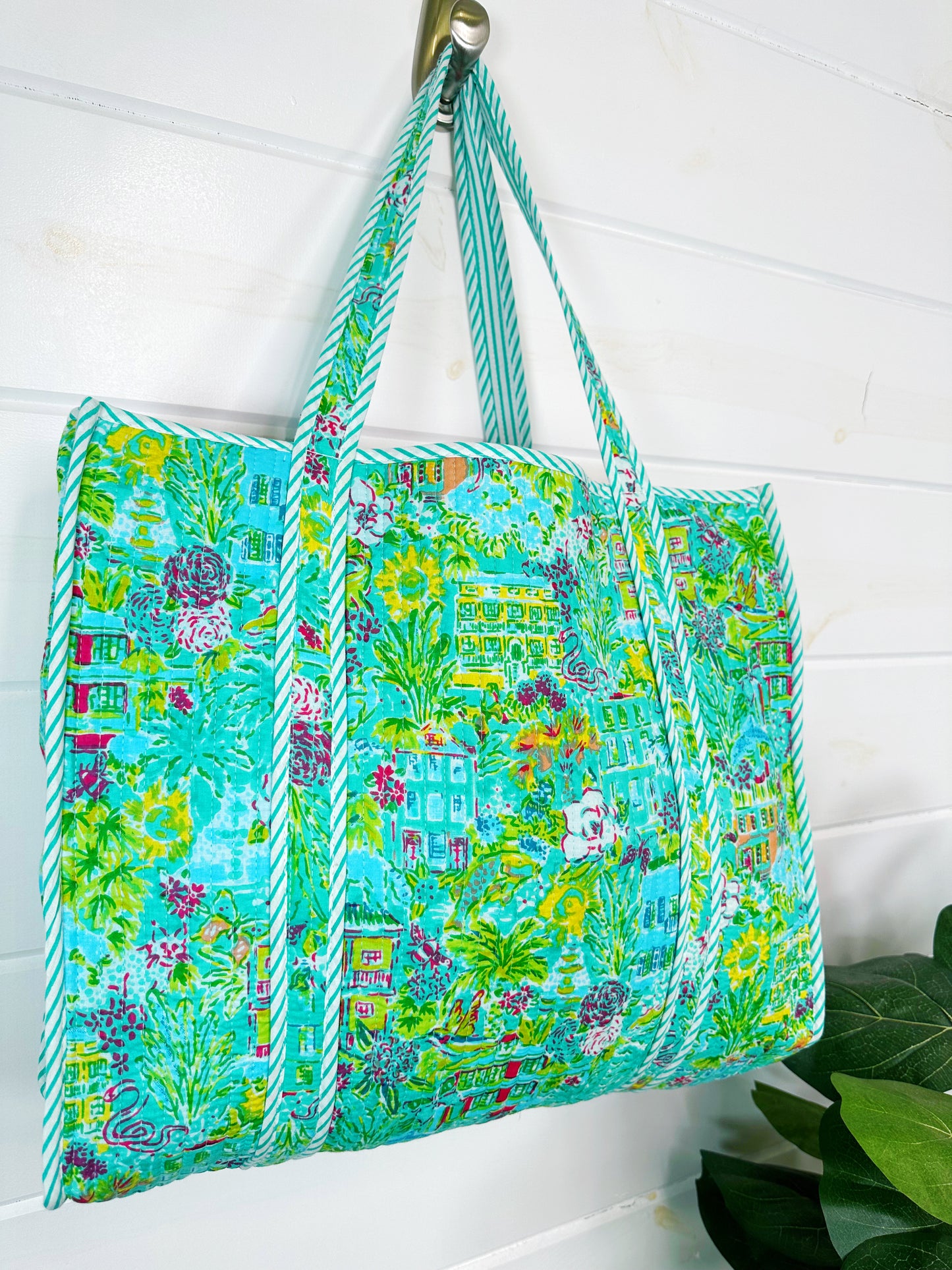 Aqua Tropical Southern Town Print Quilted Cotton Reversible Large Tote Bag