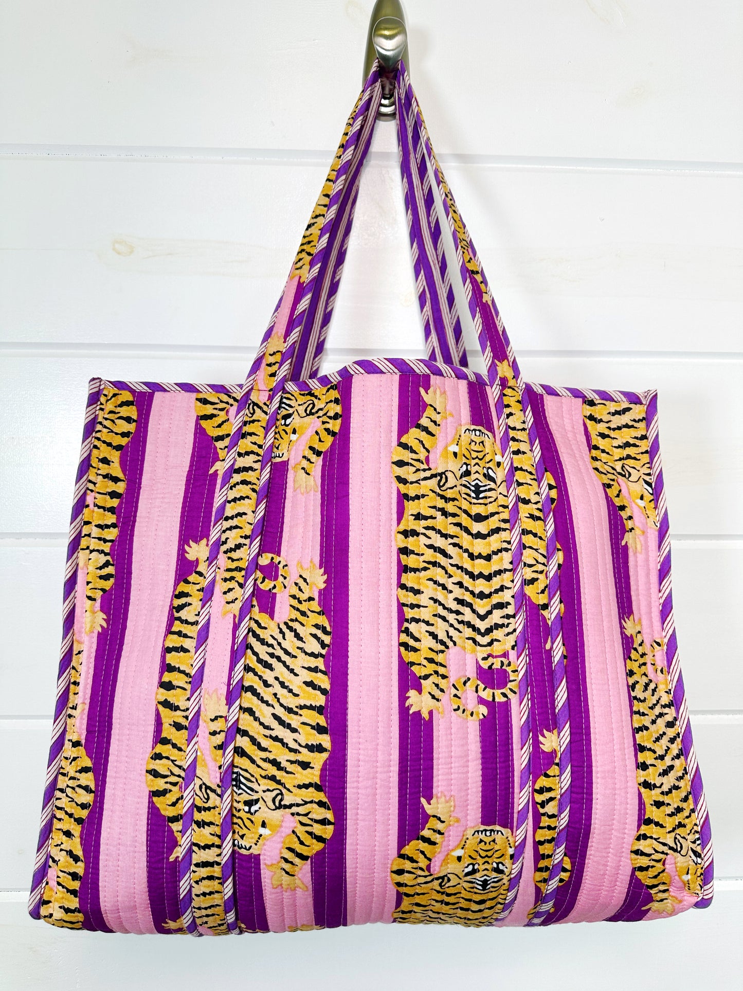 Tiger Print with Grape Purple Stripes Quilted Reversible Large Tote Bag