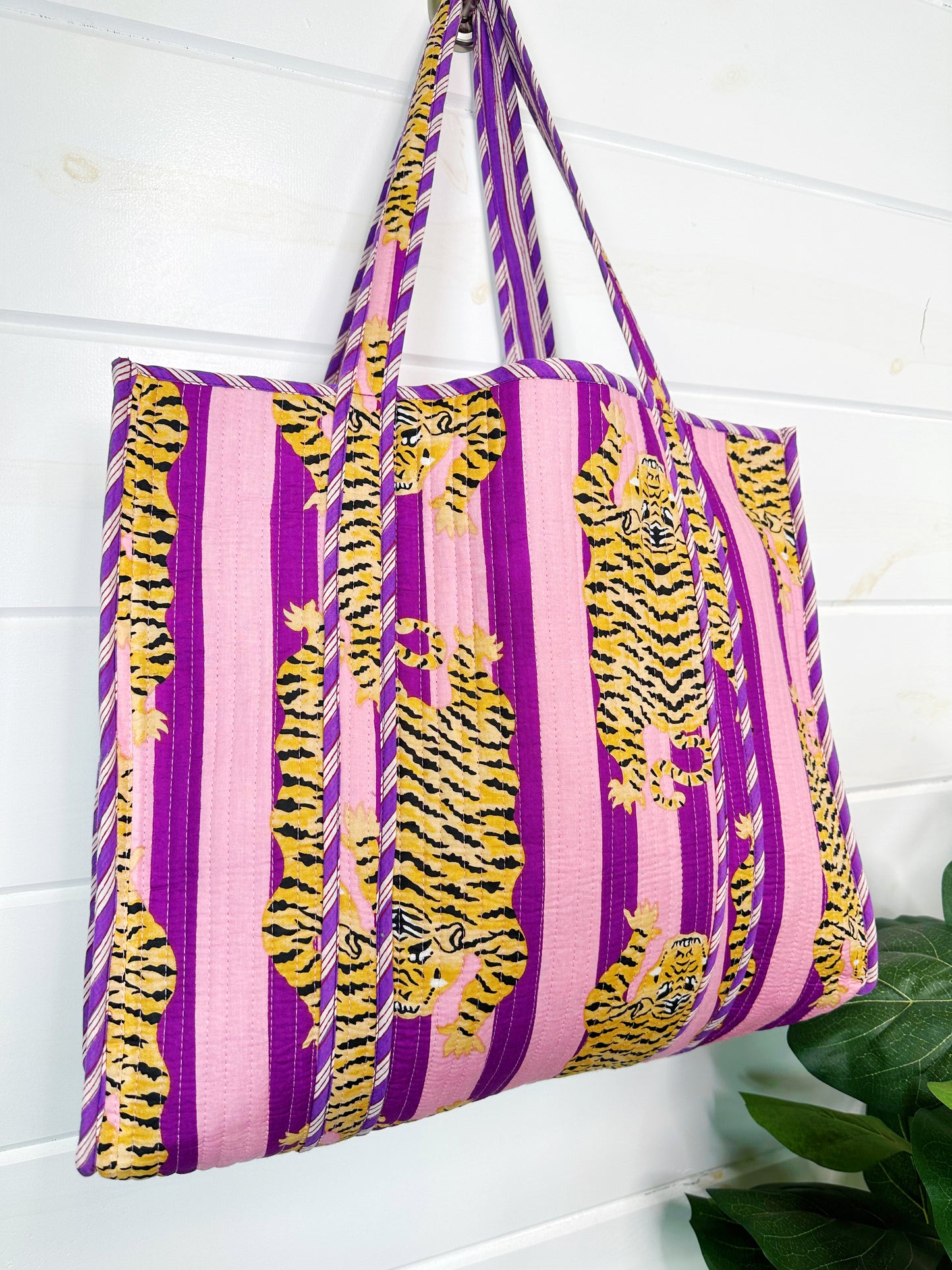 Tiger Print with Grape Purple Stripes Quilted Reversible Large Tote Bag