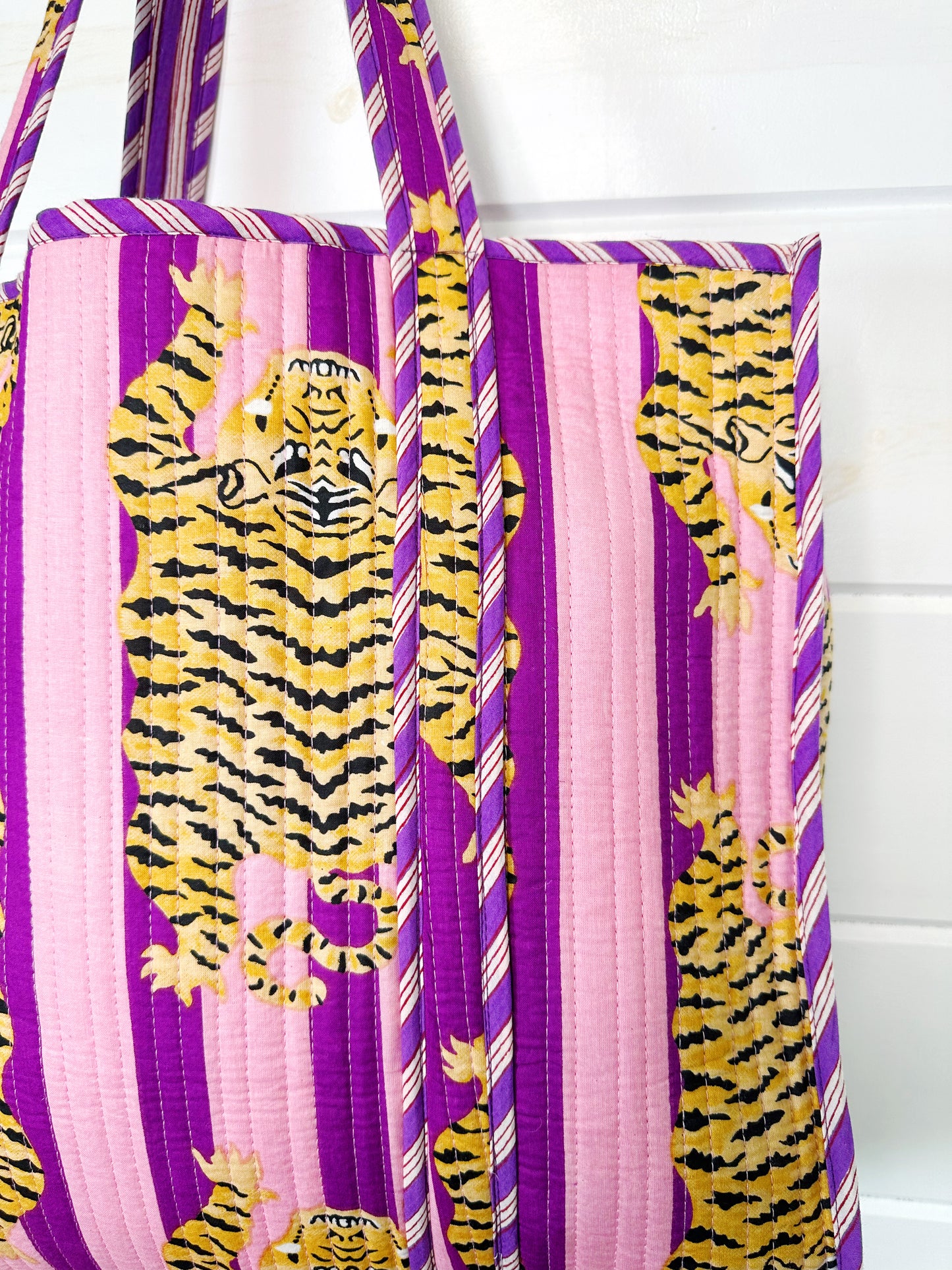 Tiger Print with Grape Purple Stripes Quilted Reversible Large Tote Bag