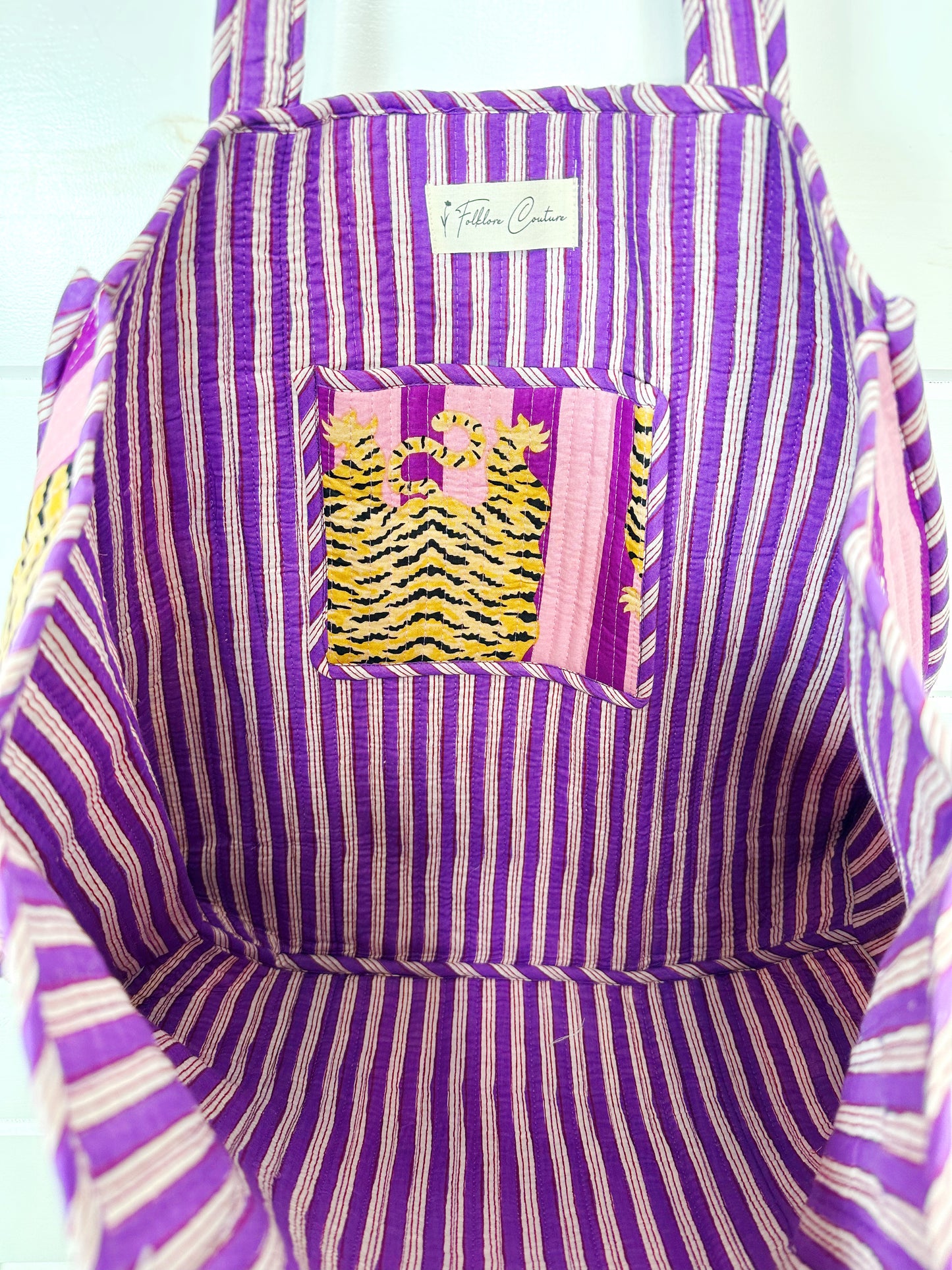 Tiger Print with Grape Purple Stripes Quilted Reversible Large Tote Bag