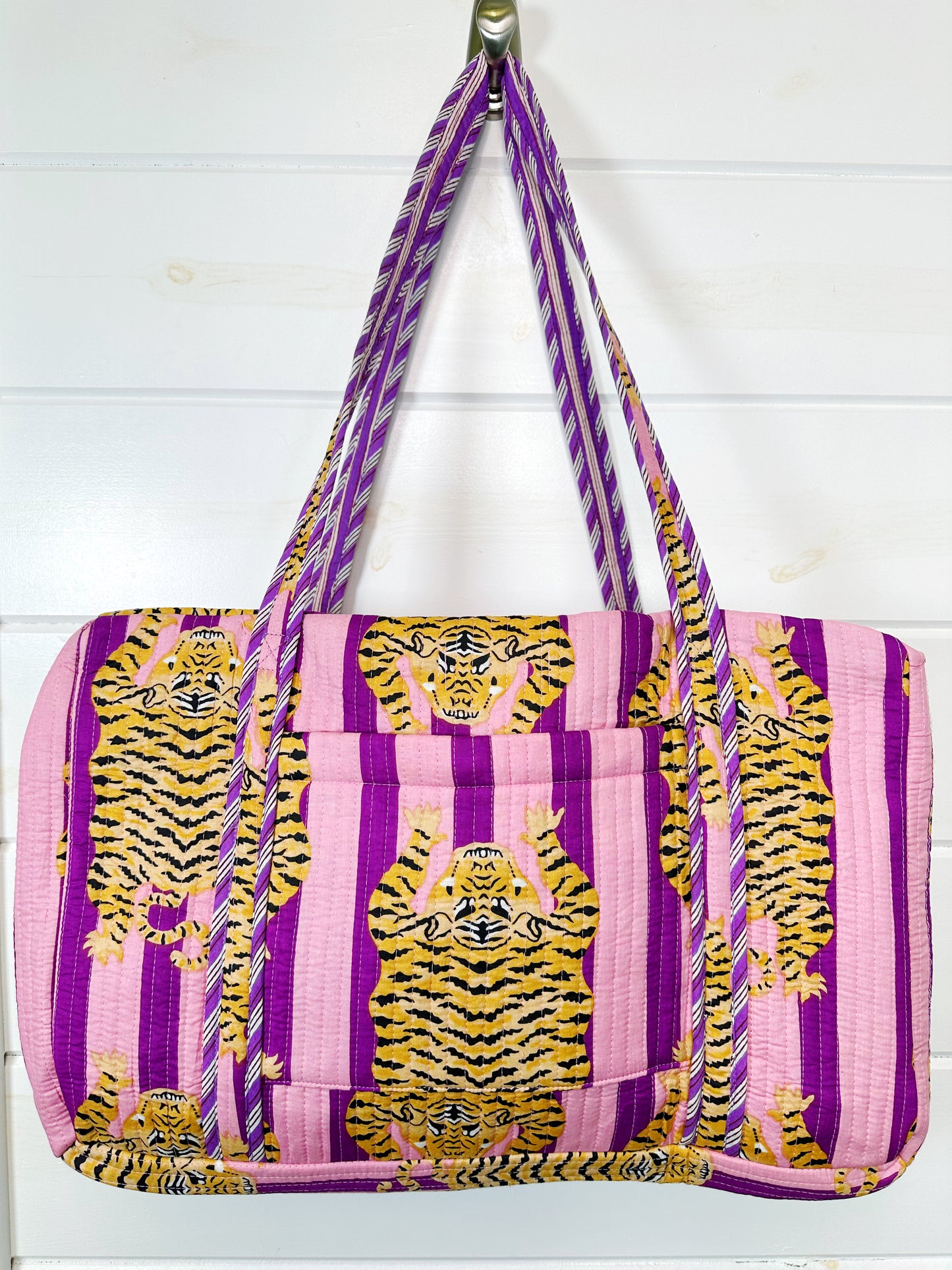 Tiger Print with Grape Purple Stripes Quilted Weekender Overnight Bag