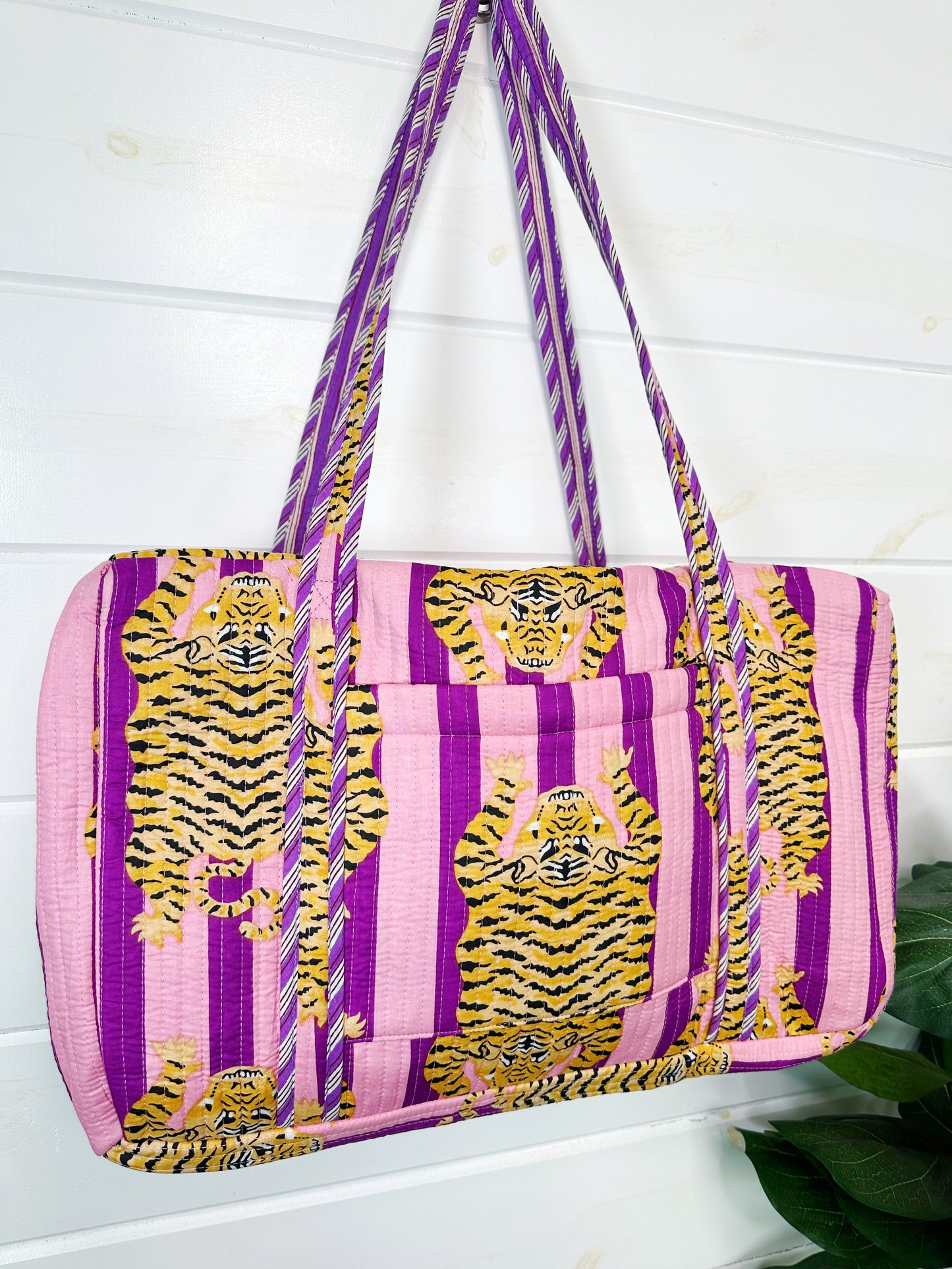 Tiger Print with Grape Purple Stripes Quilted Weekender Overnight Bag