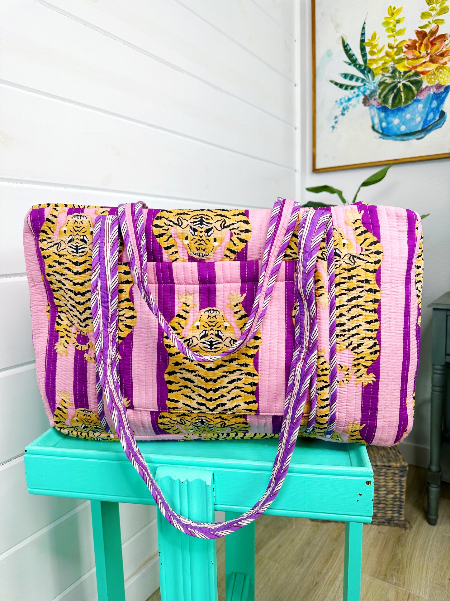 Tiger Print with Grape Purple Stripes Quilted Weekender Overnight Bag