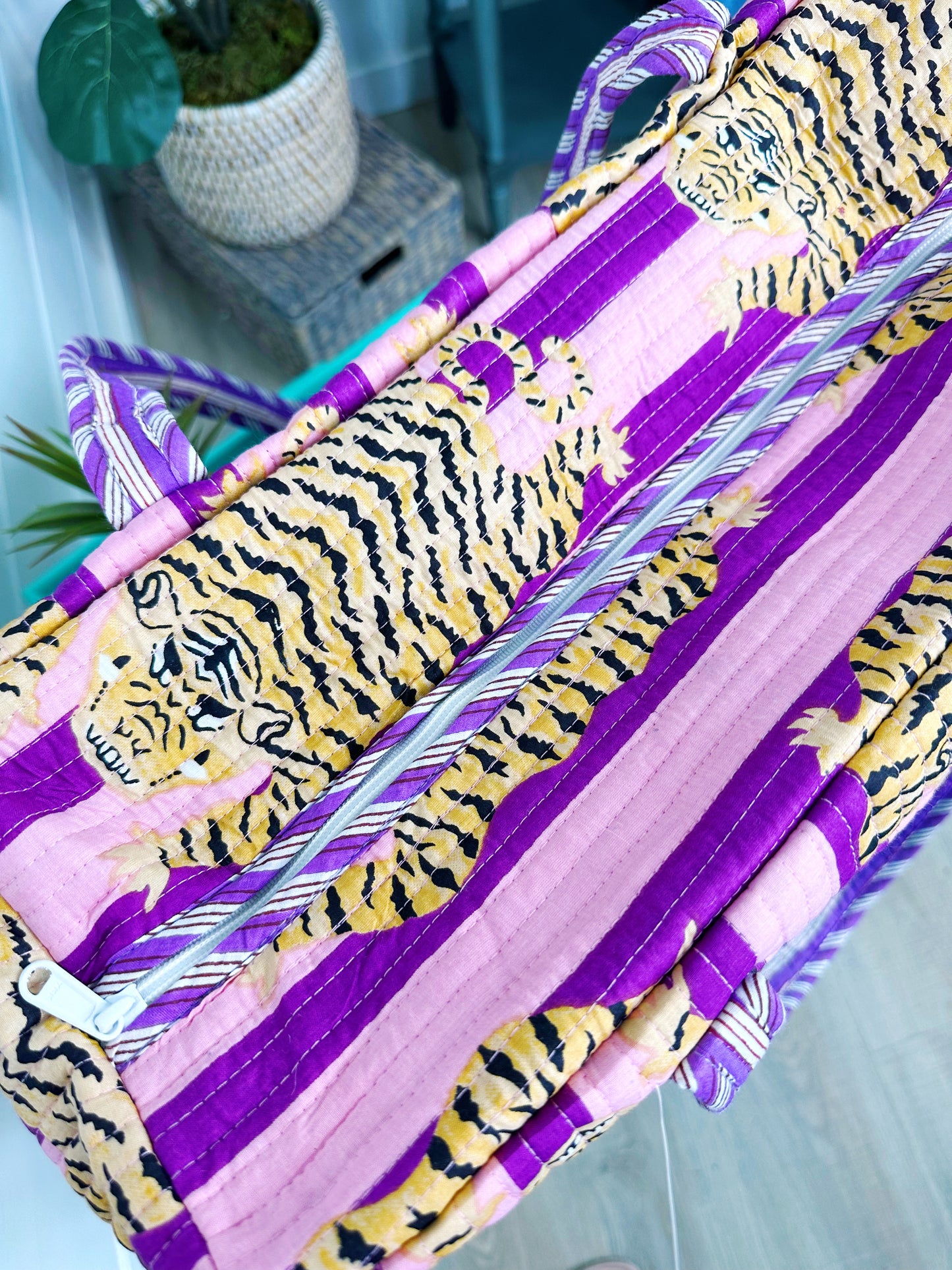 Tiger Print with Grape Purple Stripes Quilted Weekender Overnight Bag
