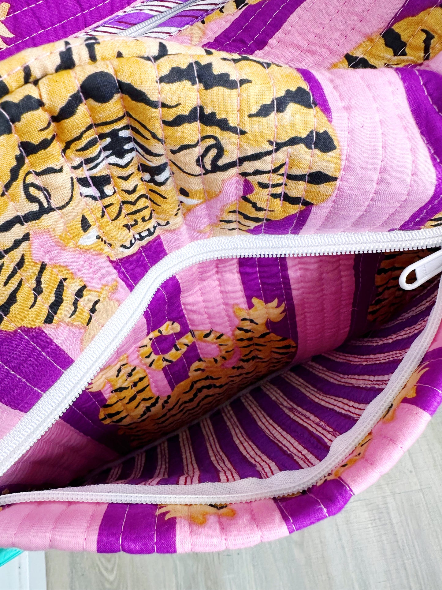 Tiger Print with Grape Purple Stripes Quilted Weekender Overnight Bag
