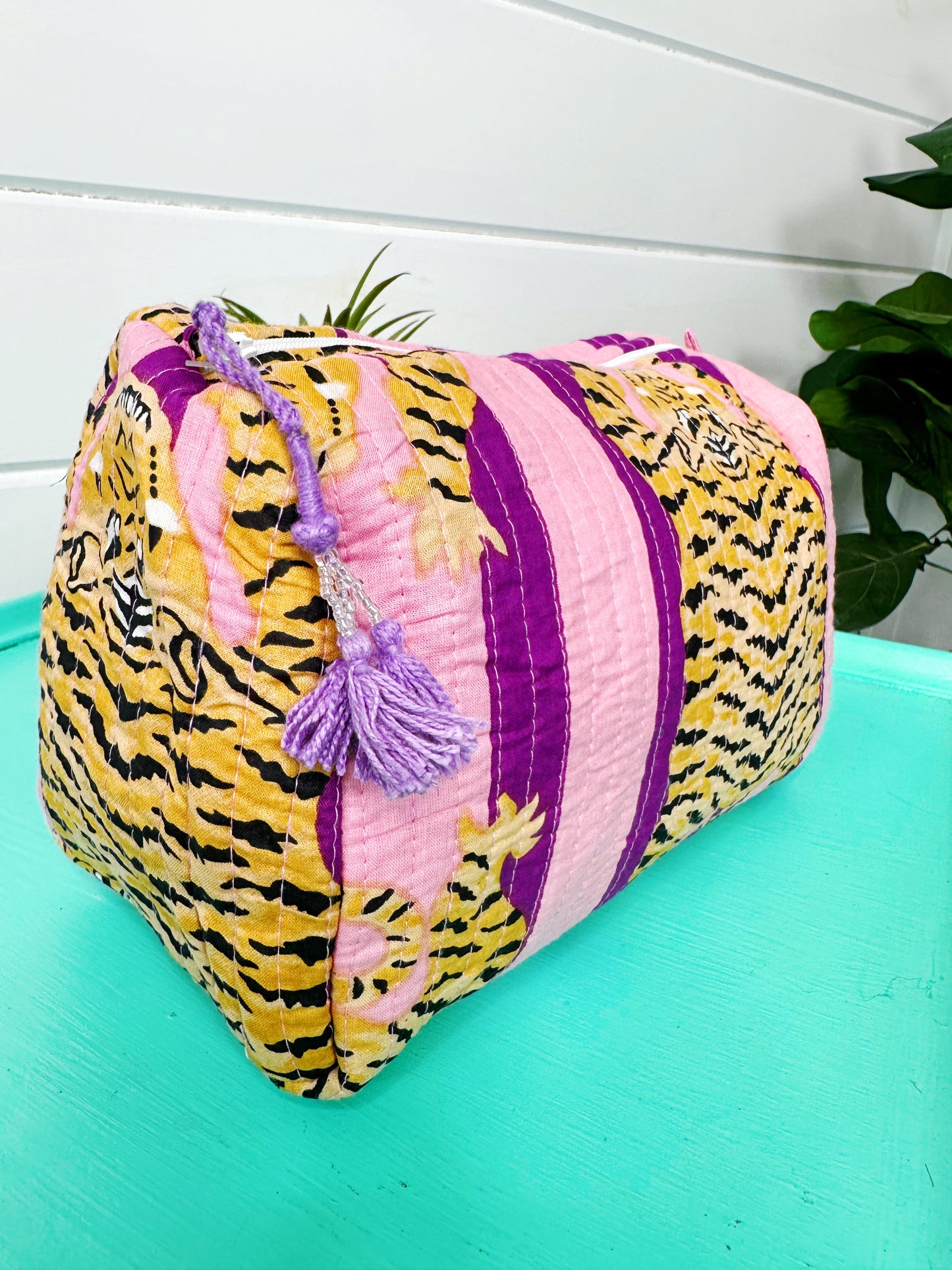 Tiger Print with Grape Purple Stripes Quilted Makeup Cosmetics Toiletry Bag