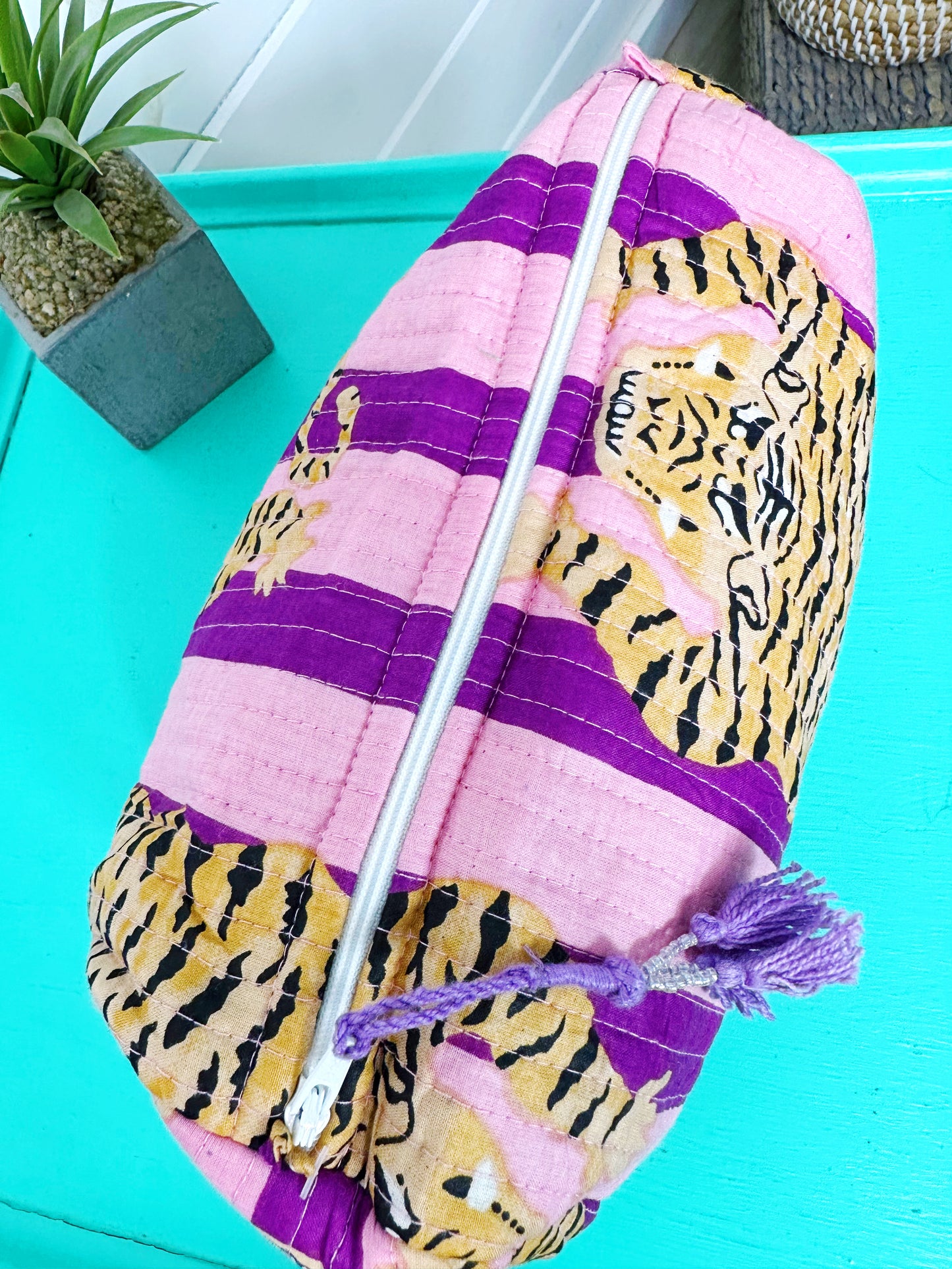Tiger Print with Grape Purple Stripes Quilted Makeup Cosmetics Toiletry Bag