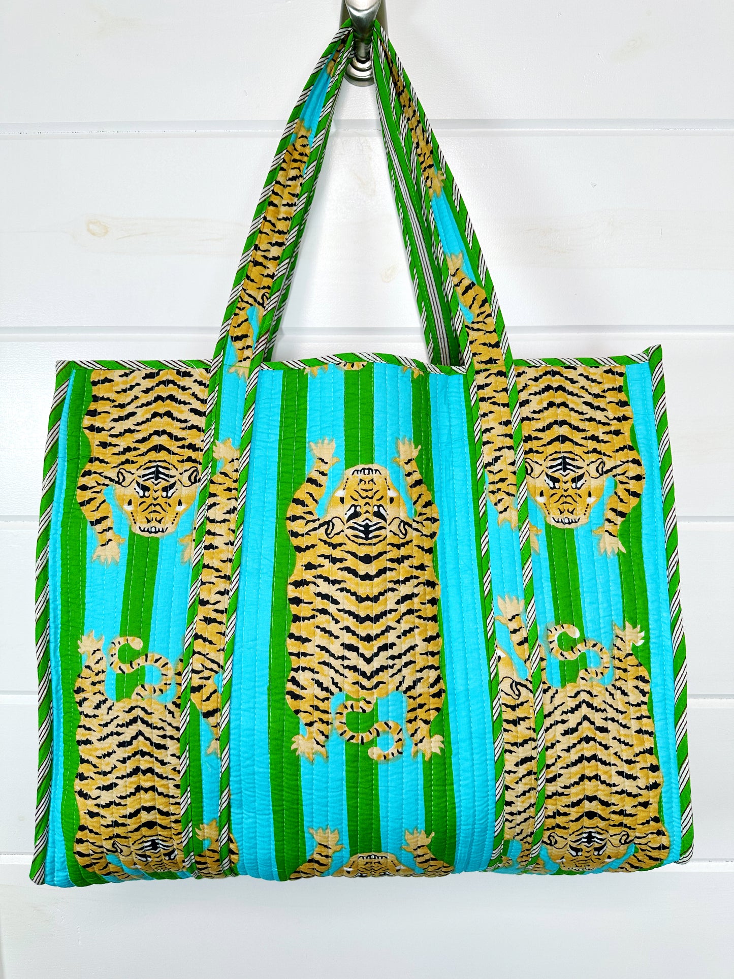 Tiger Print Blue And Green Striped Quilted Reversible Large Tote Bag