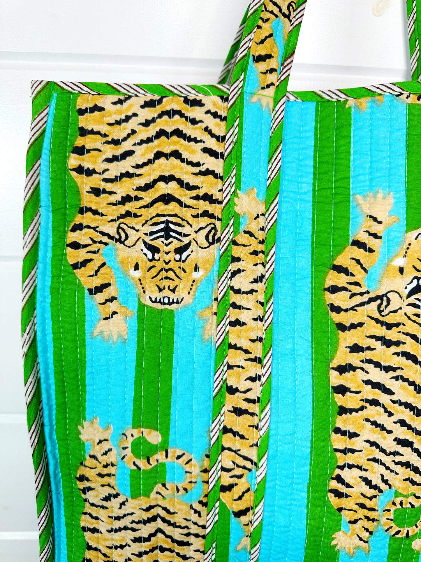 Tiger Print Blue And Green Striped Quilted Reversible Large Tote Bag