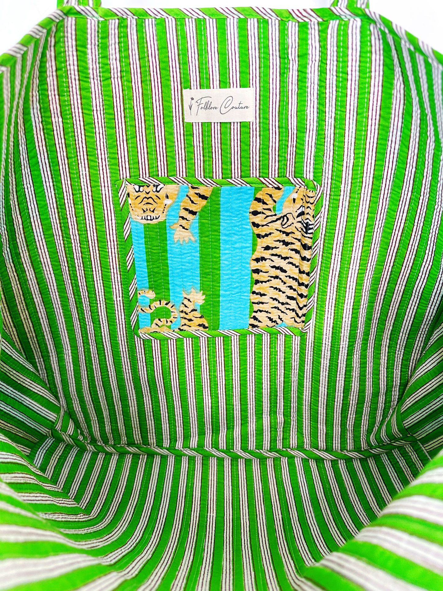 Tiger Print Blue And Green Striped Quilted Reversible Large Tote Bag