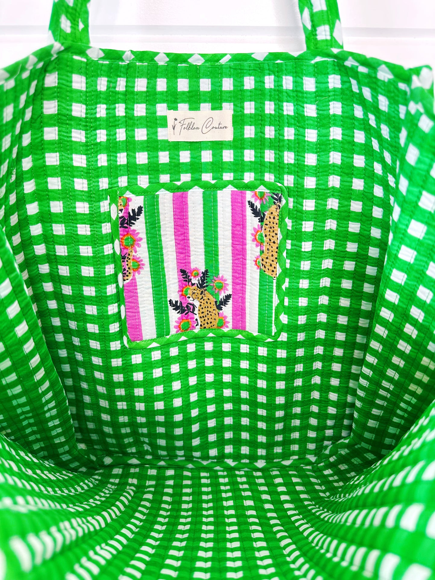 Pink and Green Jaguar Print Quilted Cotton Tote Bag
