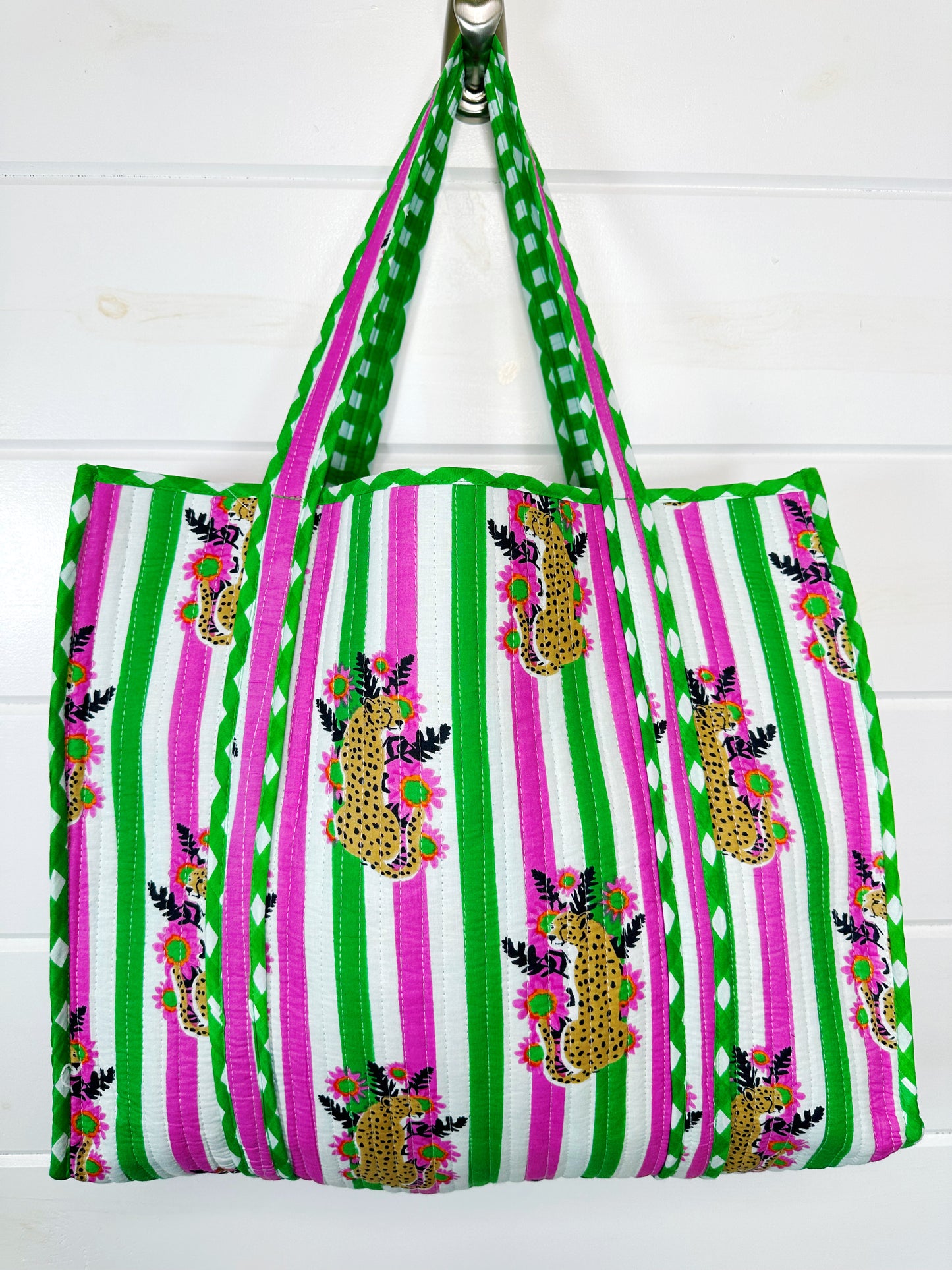 Pink and Green Jaguar Print Quilted Cotton Tote Bag