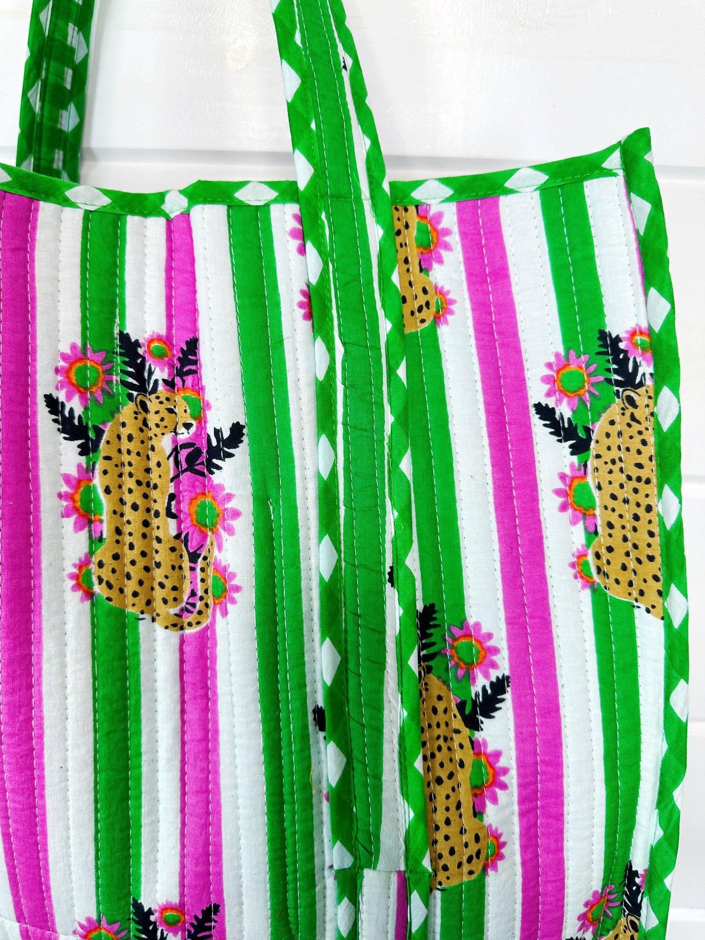 Pink and Green Jaguar Print Quilted Cotton Tote Bag