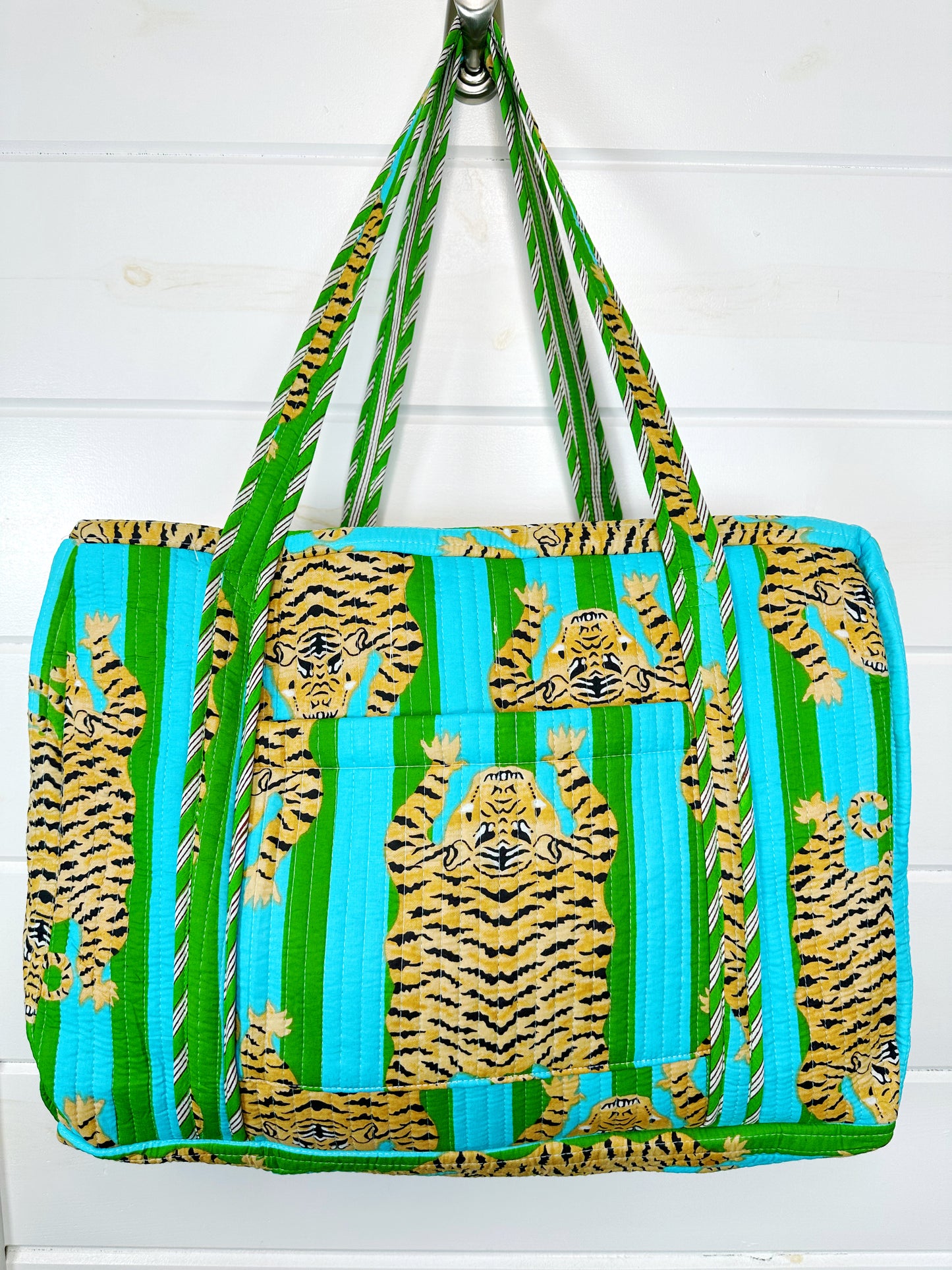 Tiger Print Blue and Green Striped Quilted Weekender Overnight Bag