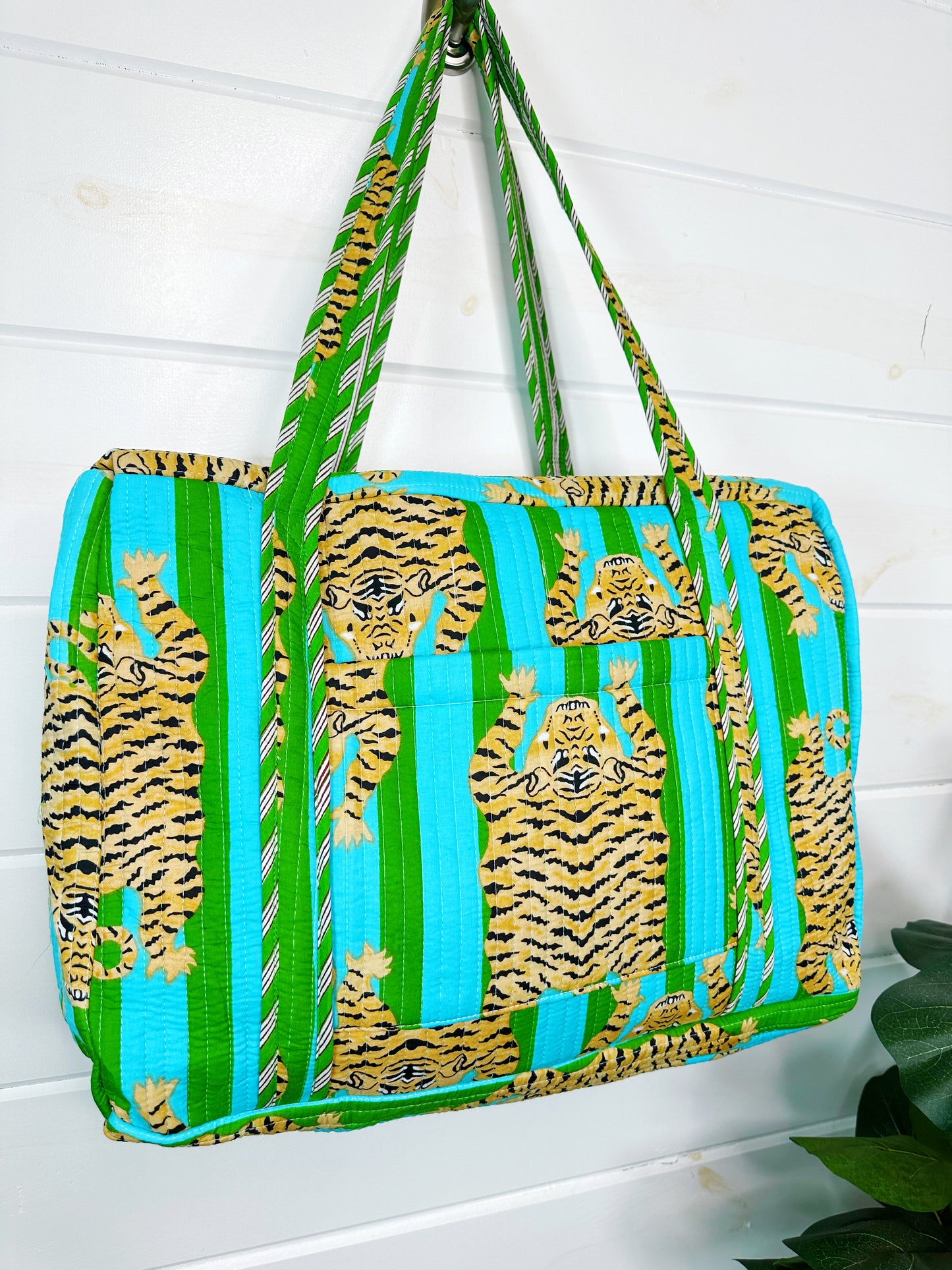 Tiger Print Blue and Green Striped Quilted Weekender Overnight Bag