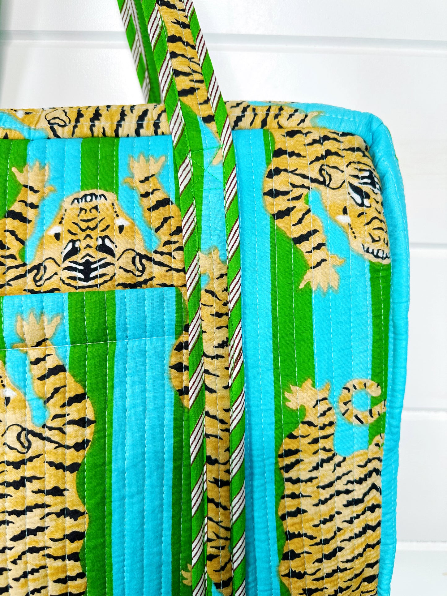 Tiger Print Blue and Green Striped Quilted Weekender Overnight Bag