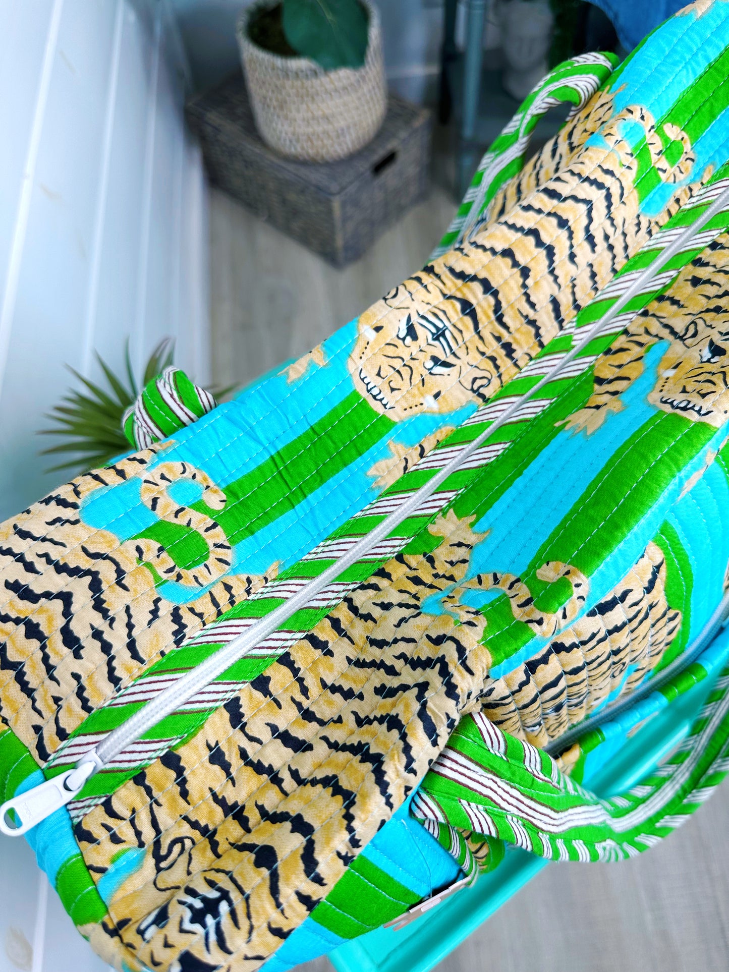 Tiger Print Blue and Green Striped Quilted Weekender Overnight Bag