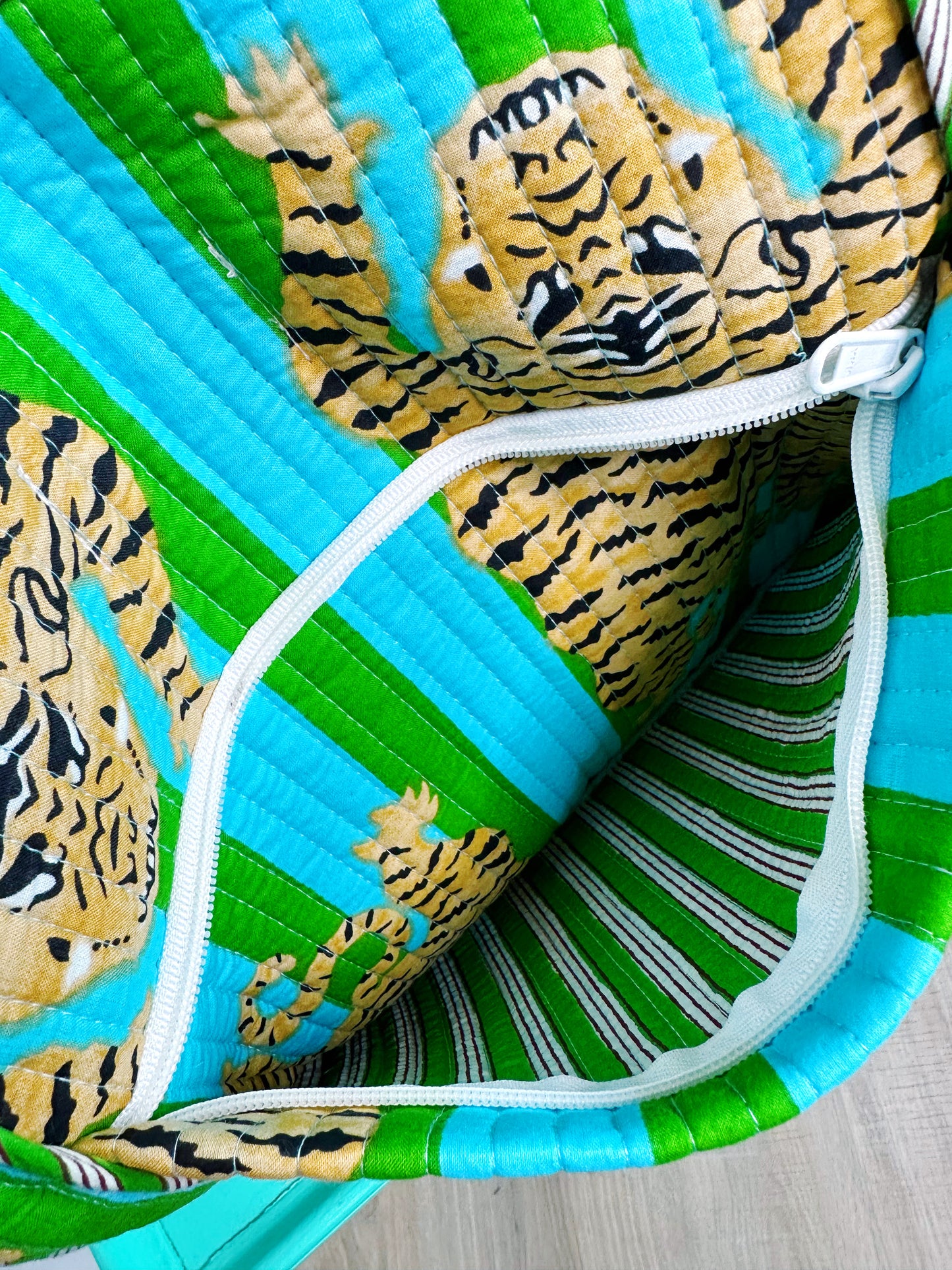 Tiger Print Blue and Green Striped Quilted Weekender Overnight Bag