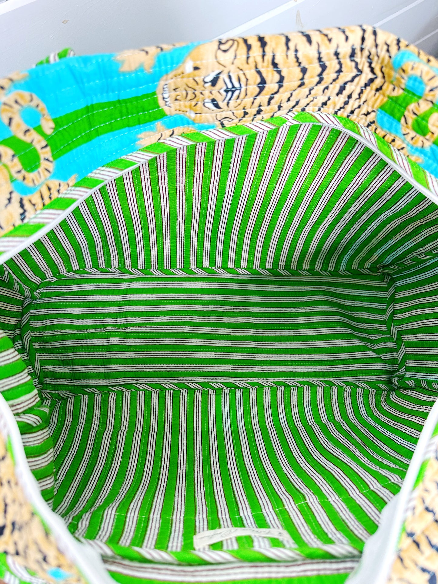 Tiger Print Blue and Green Striped Quilted Weekender Overnight Bag