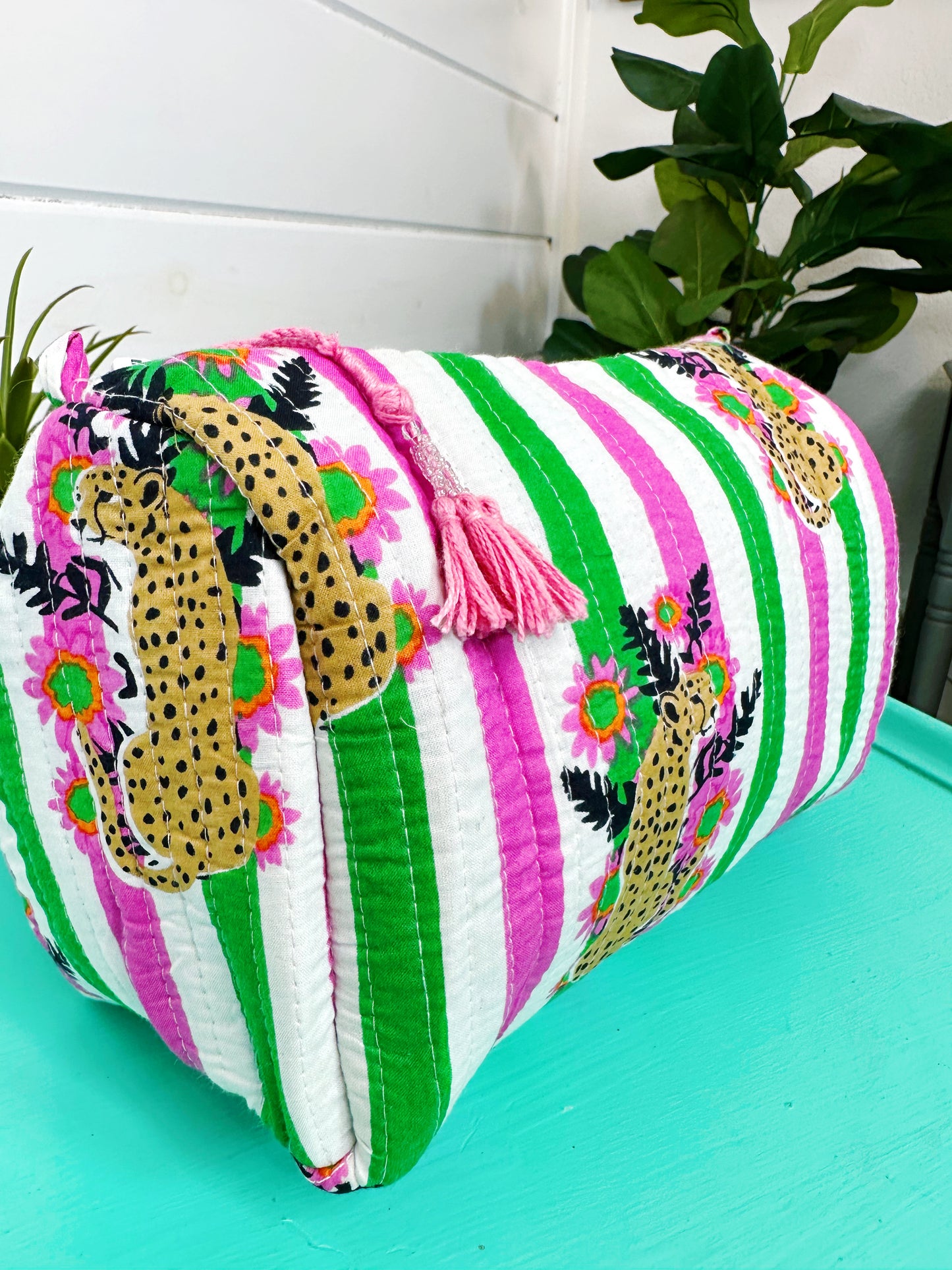 Pink and Green Jaguar Print Quilted Makeup Cosmetics Toiletry Bag