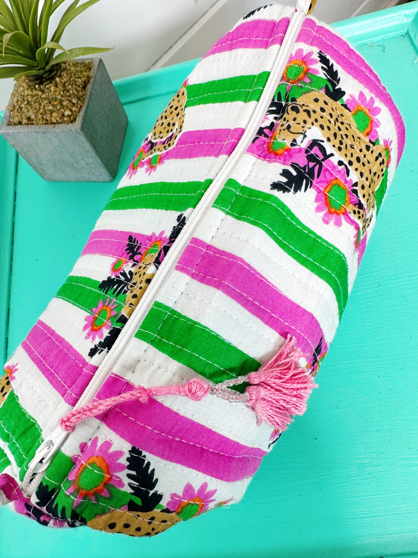 Pink and Green Jaguar Print Quilted Makeup Cosmetics Toiletry Bag