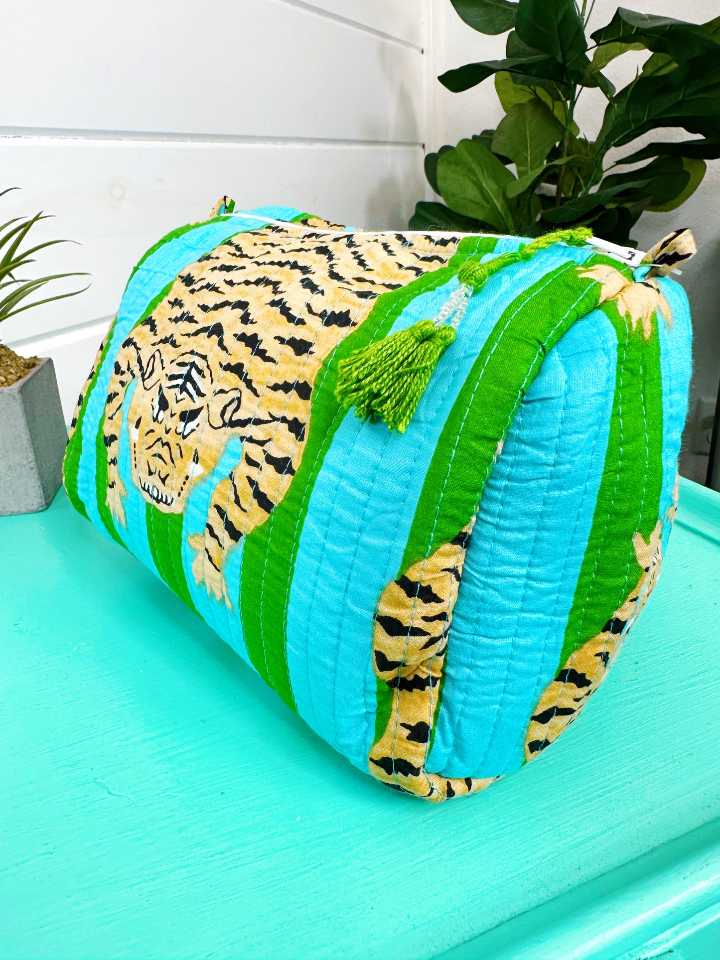 Tiger Print Blue and Green Striped Quilted Makeup Cosmetics Toiletry Bag