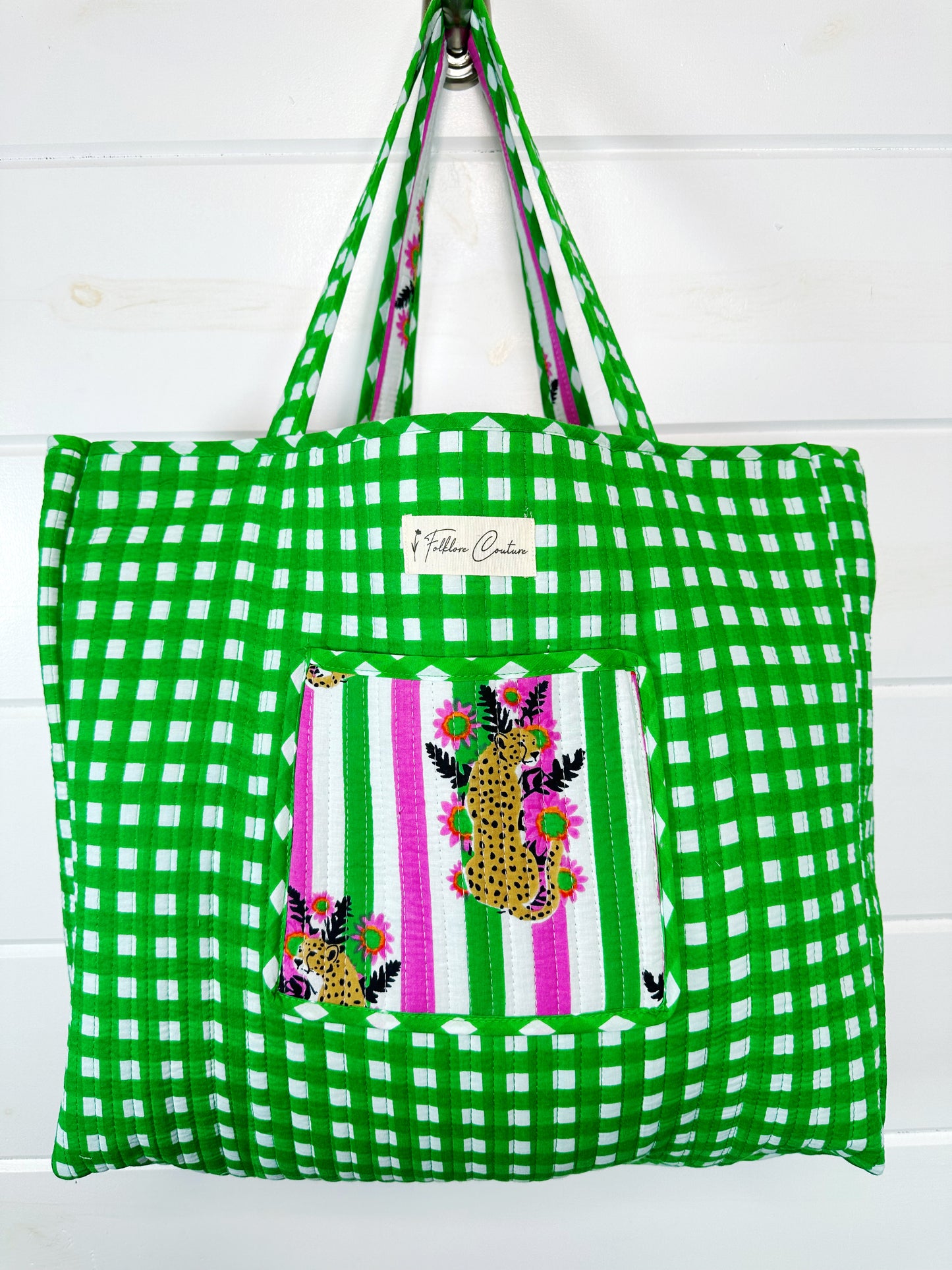 Pink and Green Jaguar Print Quilted Cotton Tote Bag