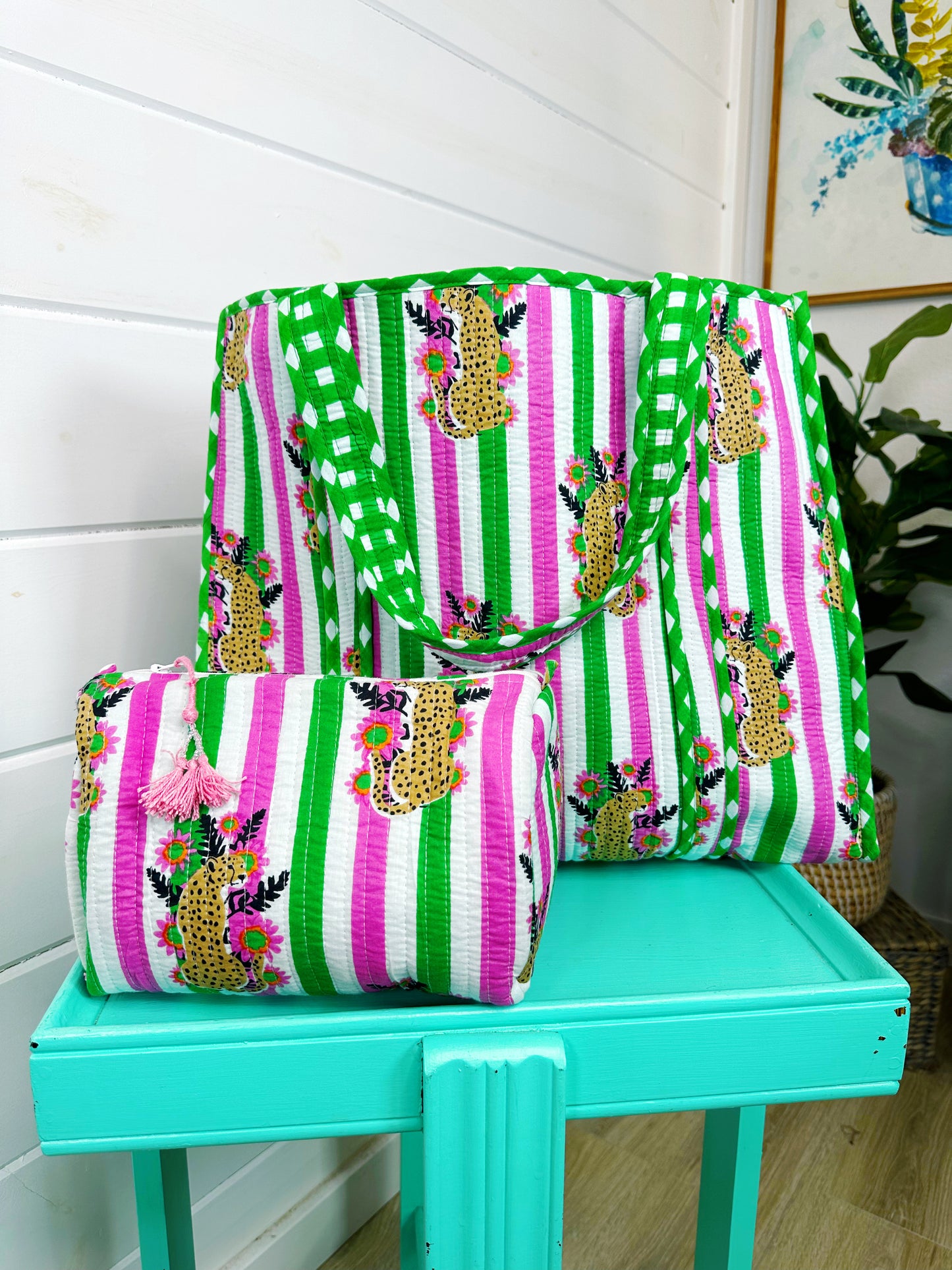 Pink and Green Jaguar Print Quilted Makeup Cosmetics Toiletry Bag
