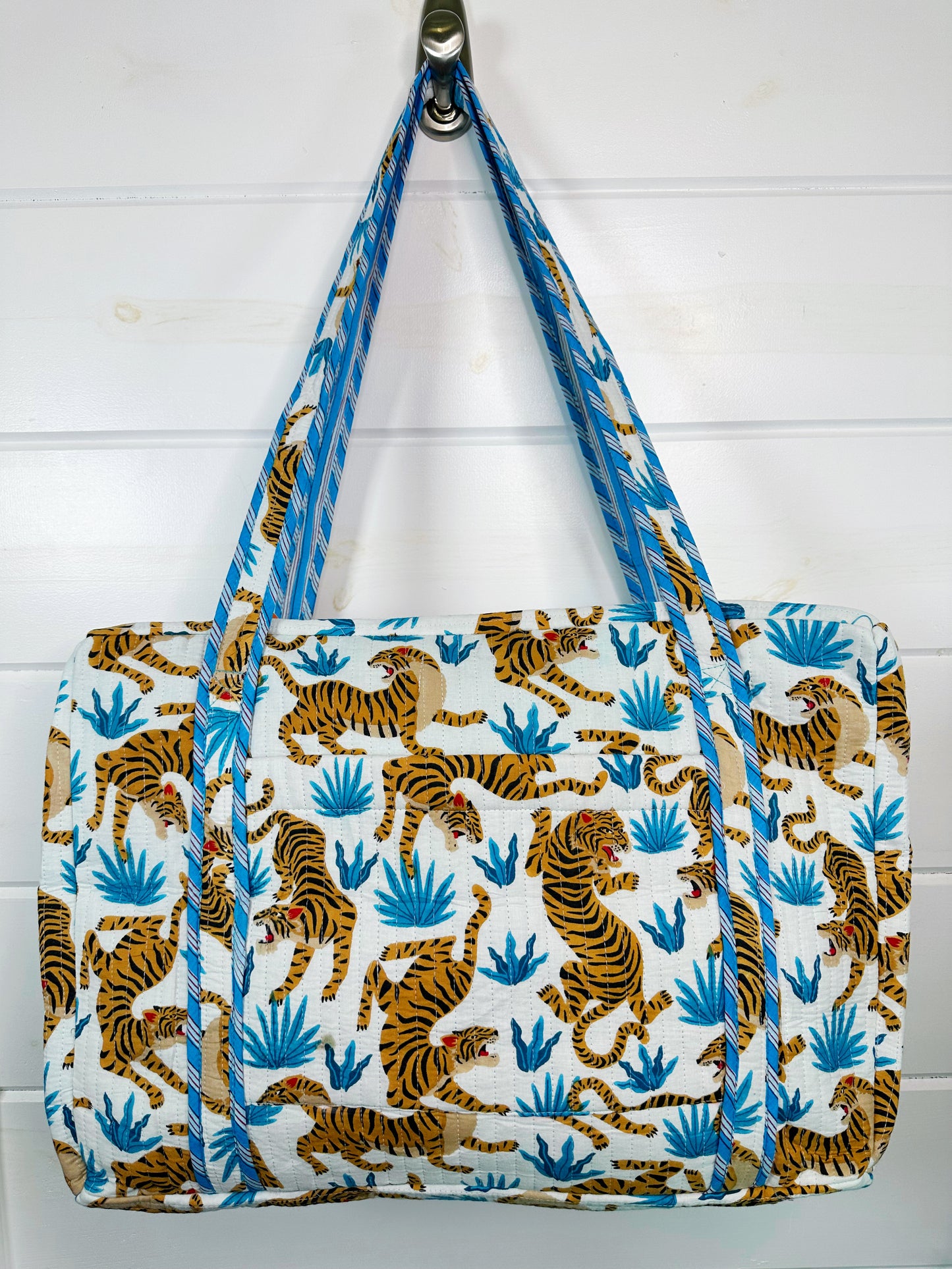 White Tiger Print Quilted Weekender Overnight Bag