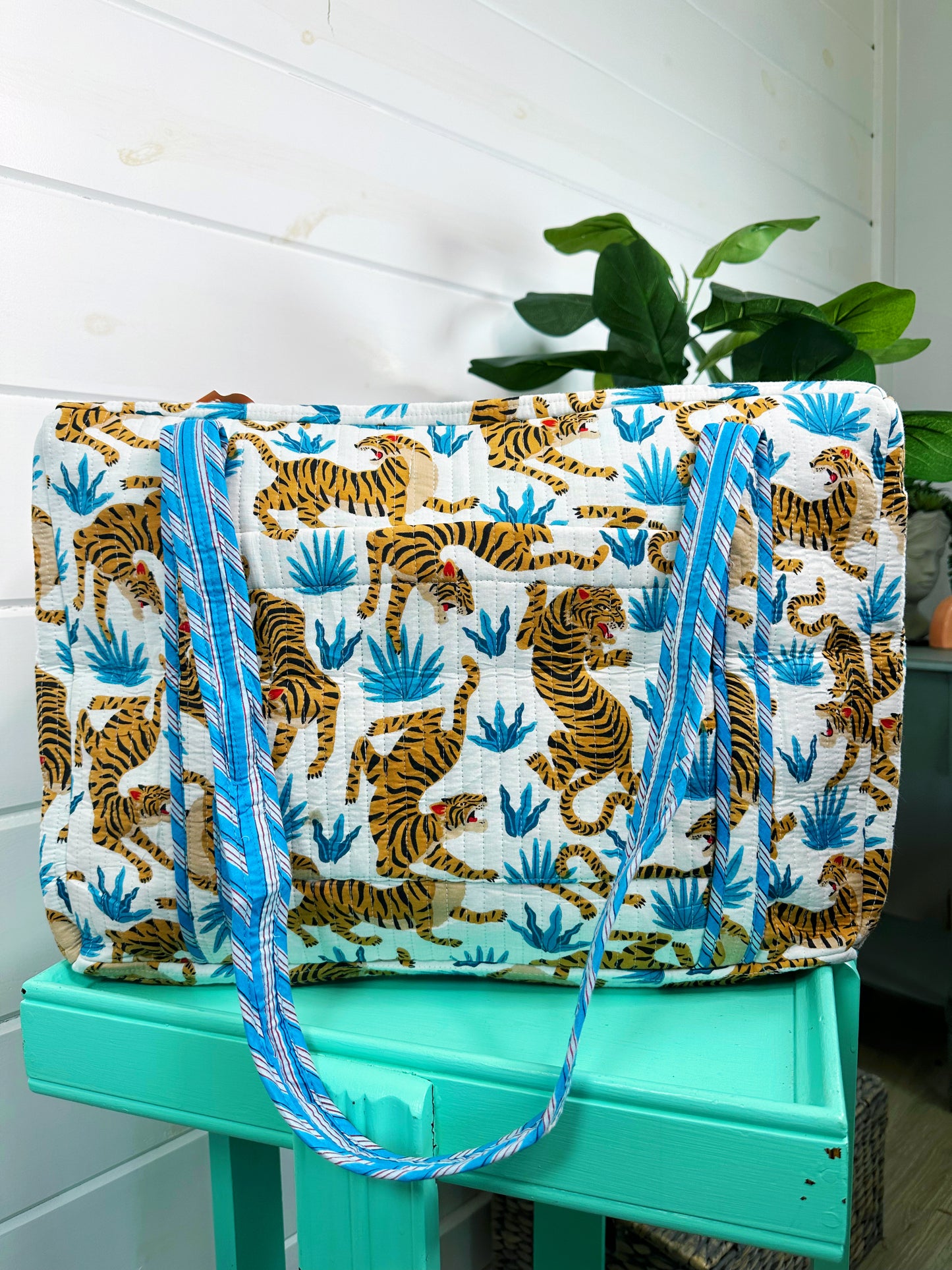 White Tiger Print Quilted Weekender Overnight Bag