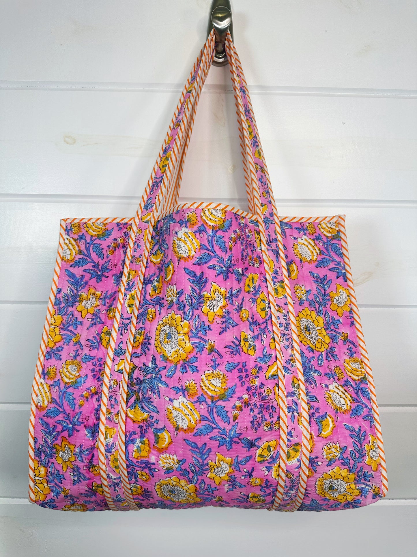 Pink Yellow Floral Print Quilted Cotton Tote Bag