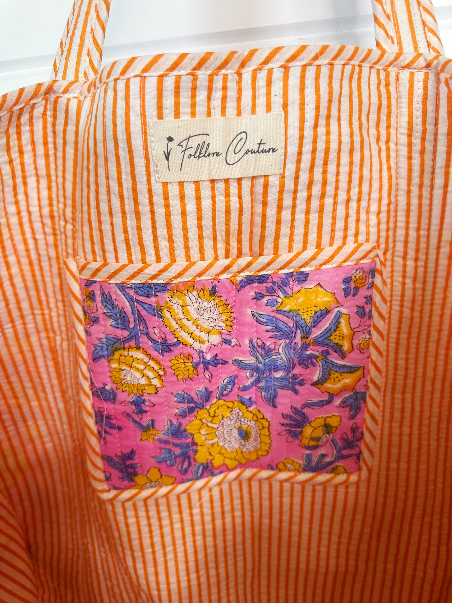 Pink Yellow Floral Print Quilted Cotton Tote Bag