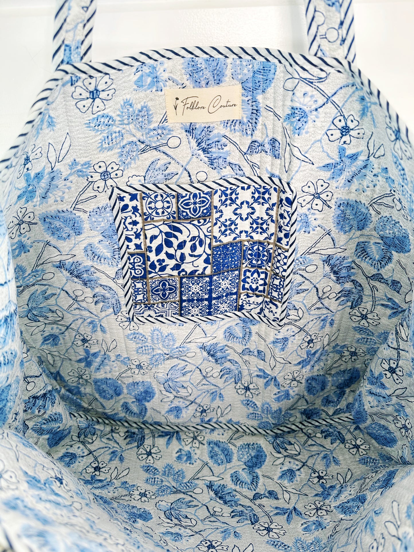 Blue and White Mosaic Print Quilted Cotton Block Print Tote Bag