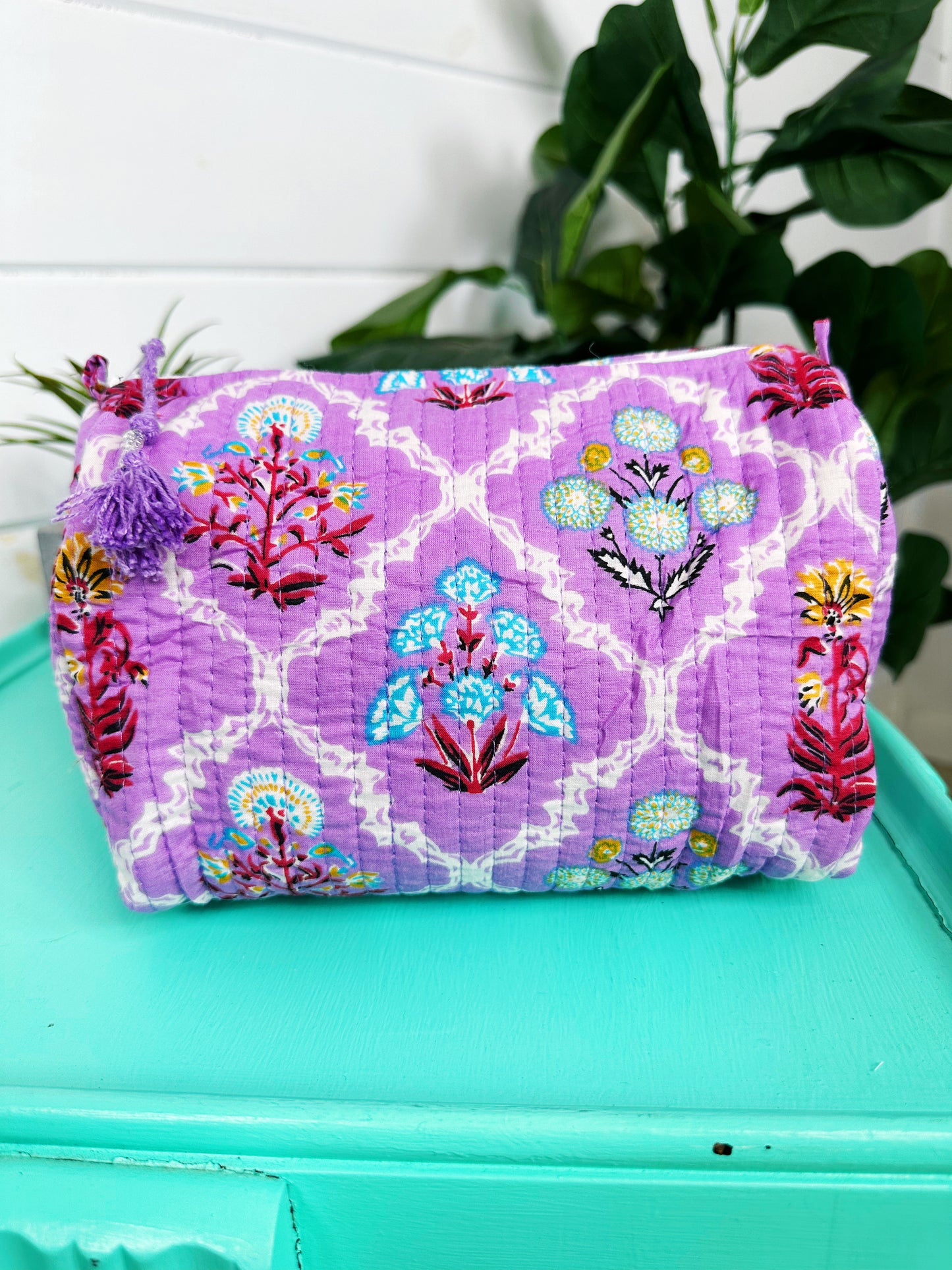Purple Wildflower Print Quilted Makeup Cosmetics Toiletry Bag