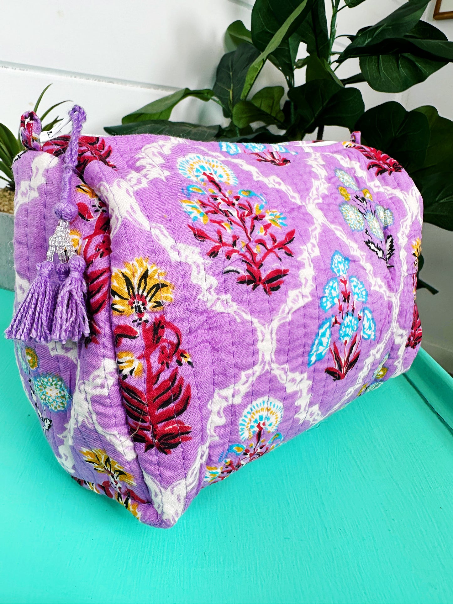 Purple Wildflower Print Quilted Makeup Cosmetics Toiletry Bag
