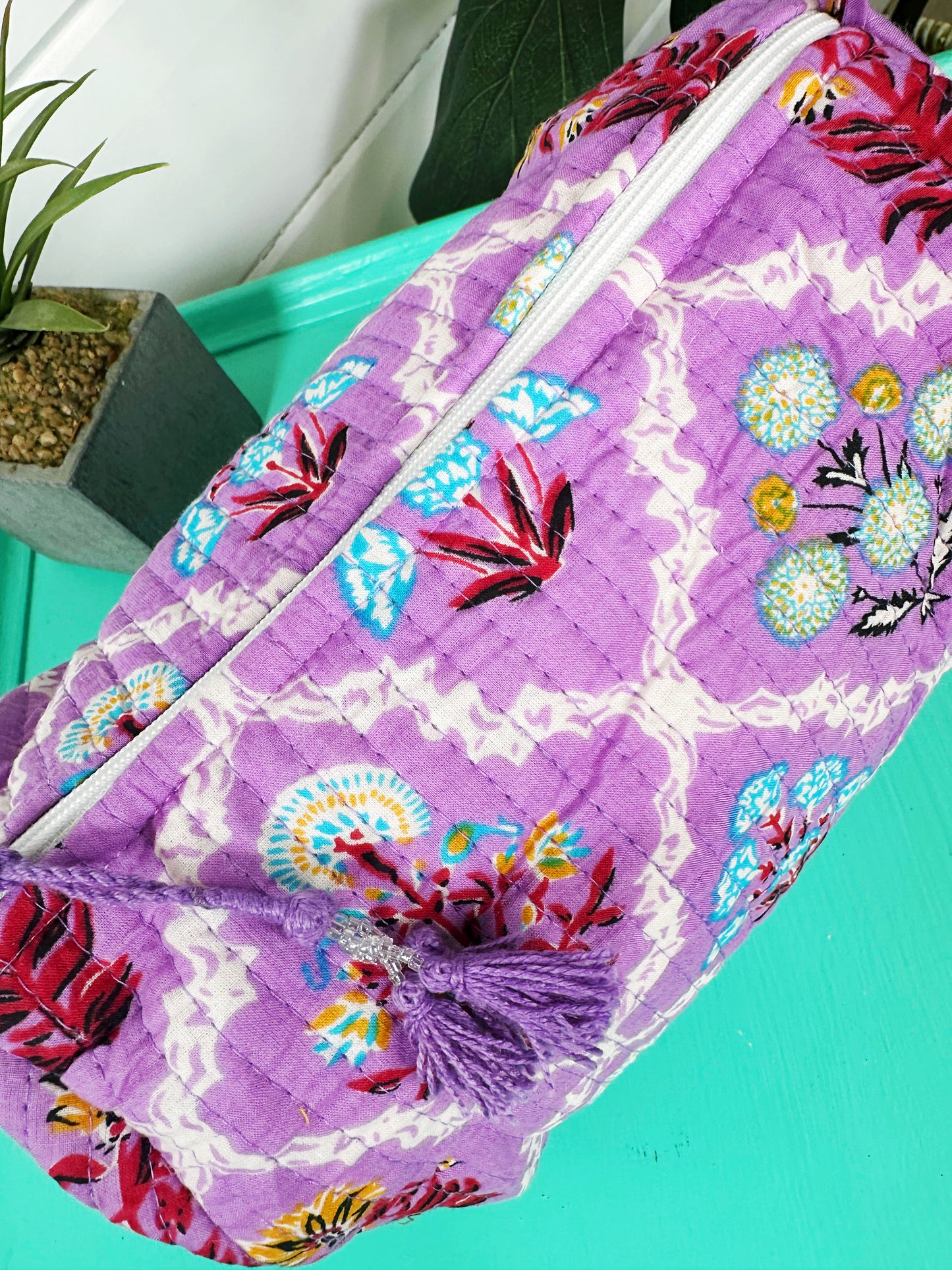 Purple Wildflower Print Quilted Makeup Cosmetics Toiletry Bag